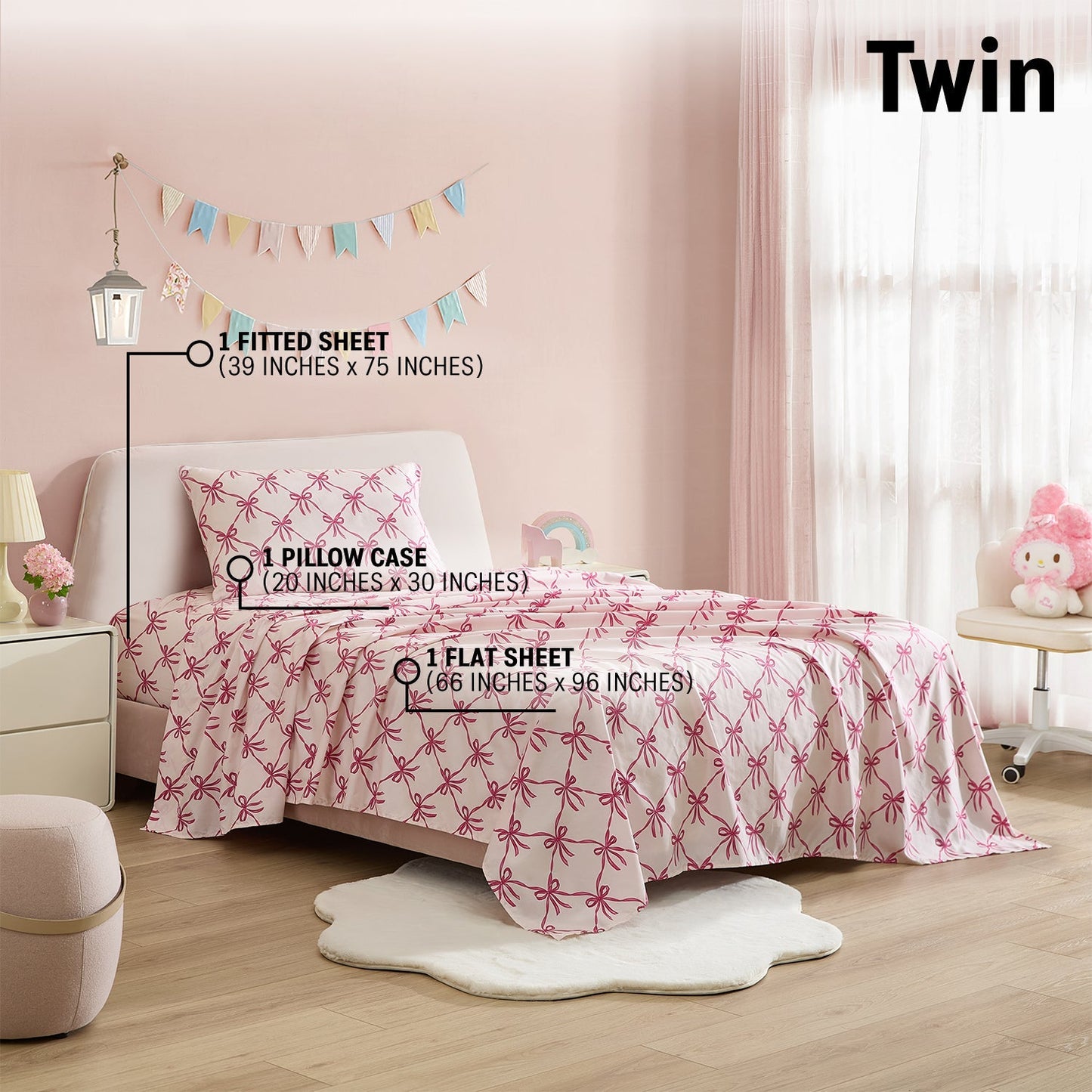 Pink Bows Girls Kids Bed Sheets