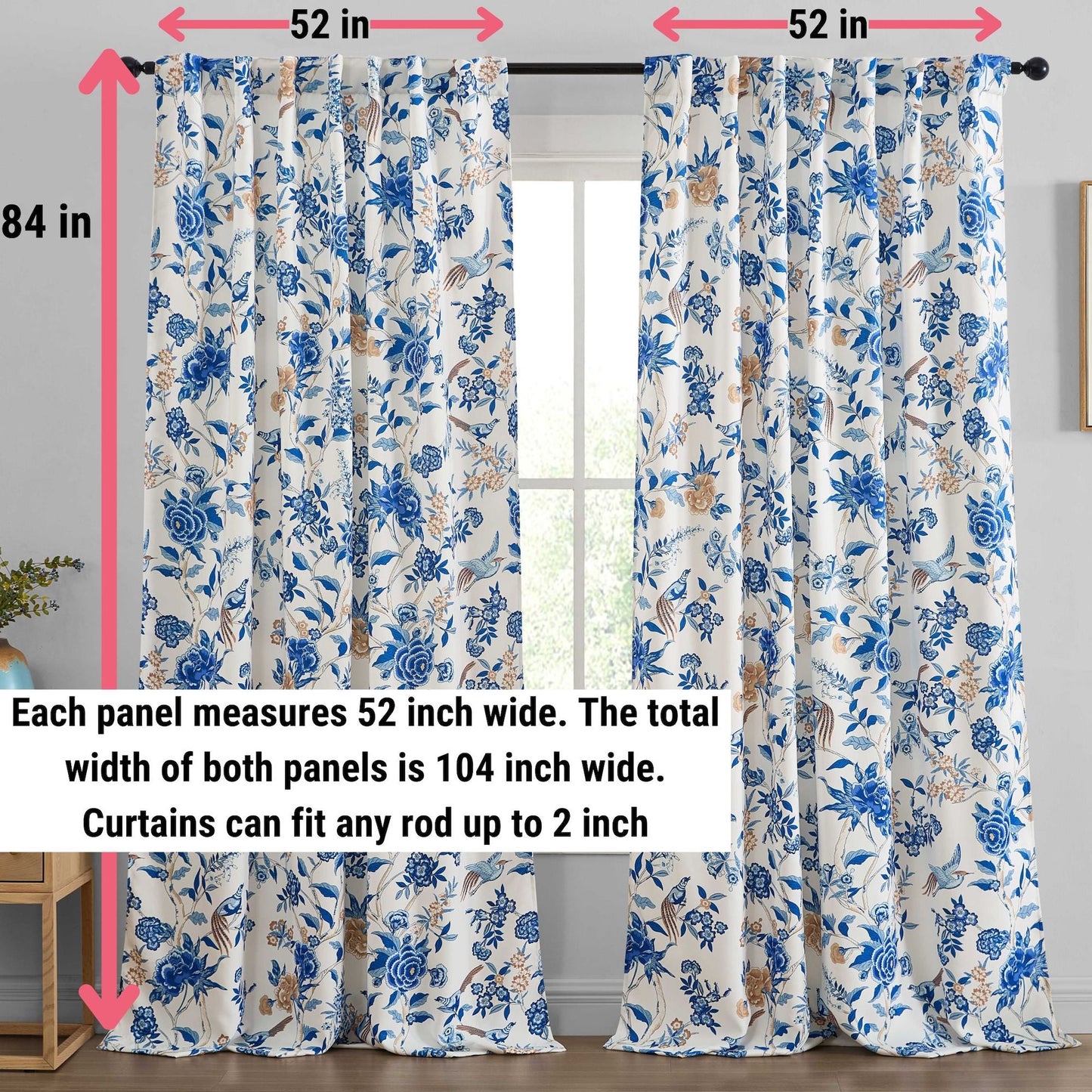 Scarlet Floral & Birds Back Tab Rod Pocket Room Darkening Window Curtains - Pair