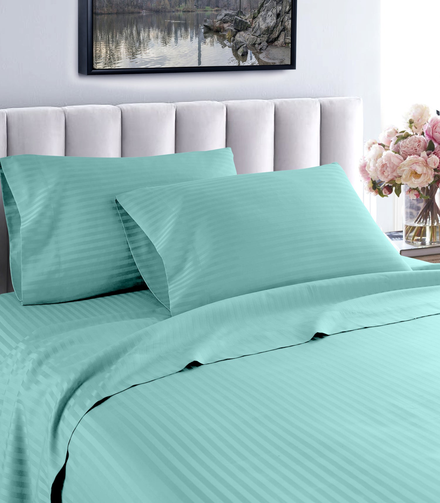 1000 thread count Egyptian cotton striped sheet set aqua