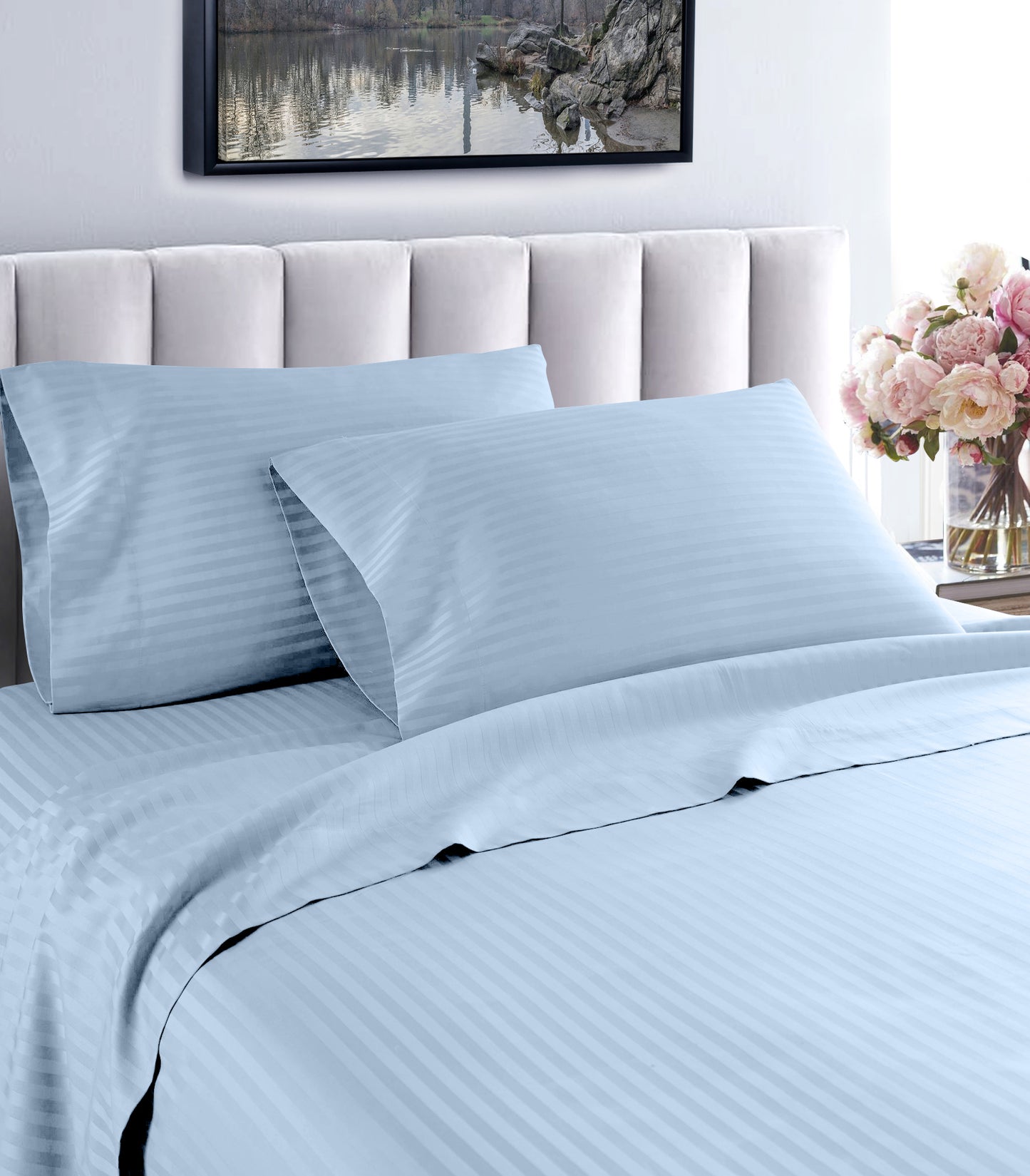 1000 thread count Egyptian cotton striped sheet set blue
