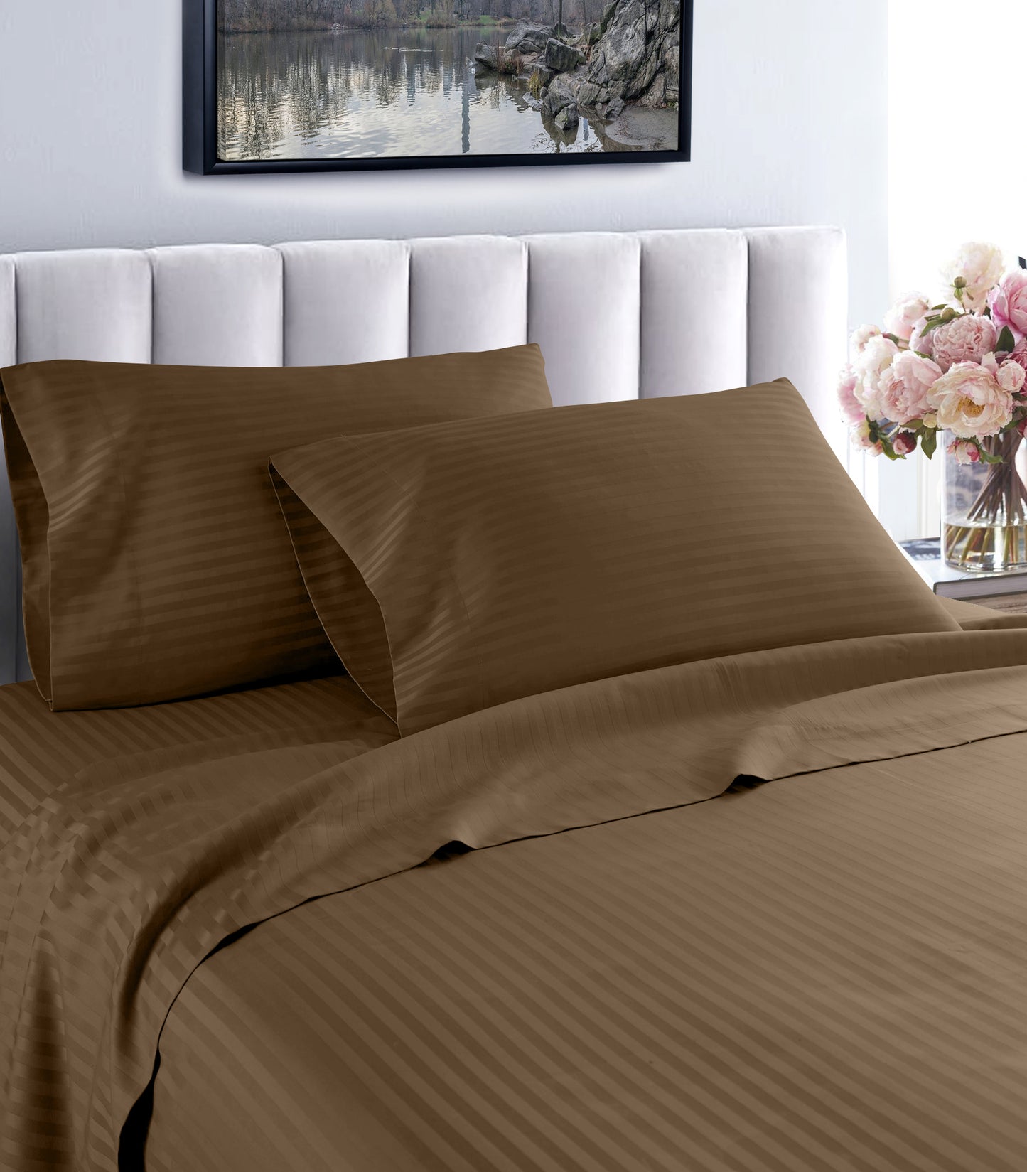 Sábanas de algodón egipcio a rayas de 600 hilos – Juego de cama suave y transpirable