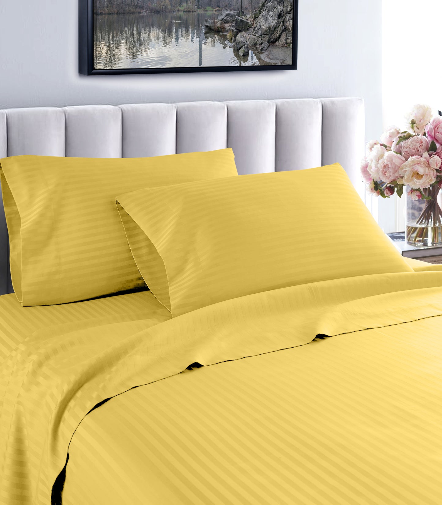 Sábanas de algodón egipcio a rayas de 600 hilos – Juego de cama suave y transpirable