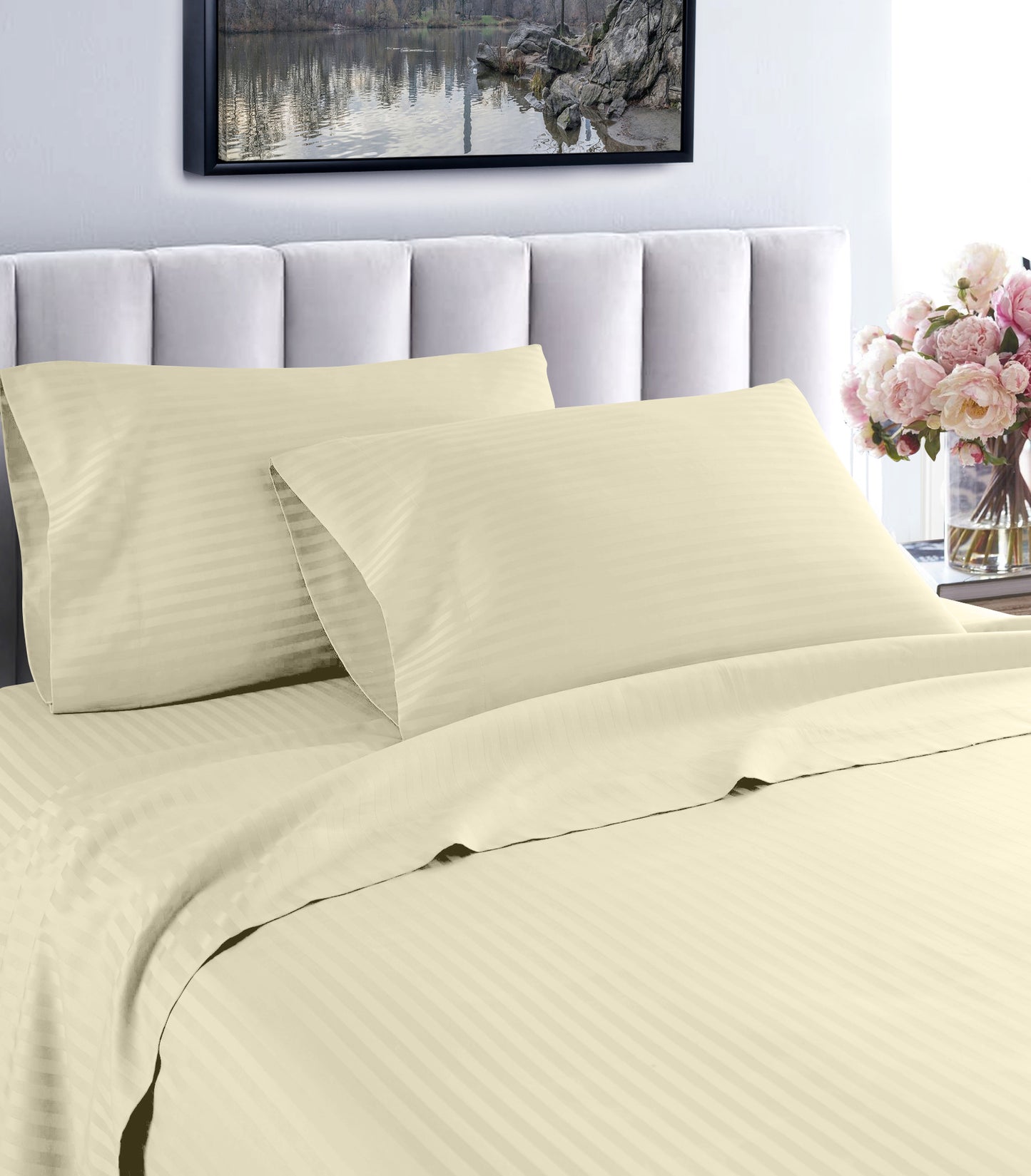 Sábanas de algodón egipcio a rayas de 600 hilos – Juego de cama suave y transpirable