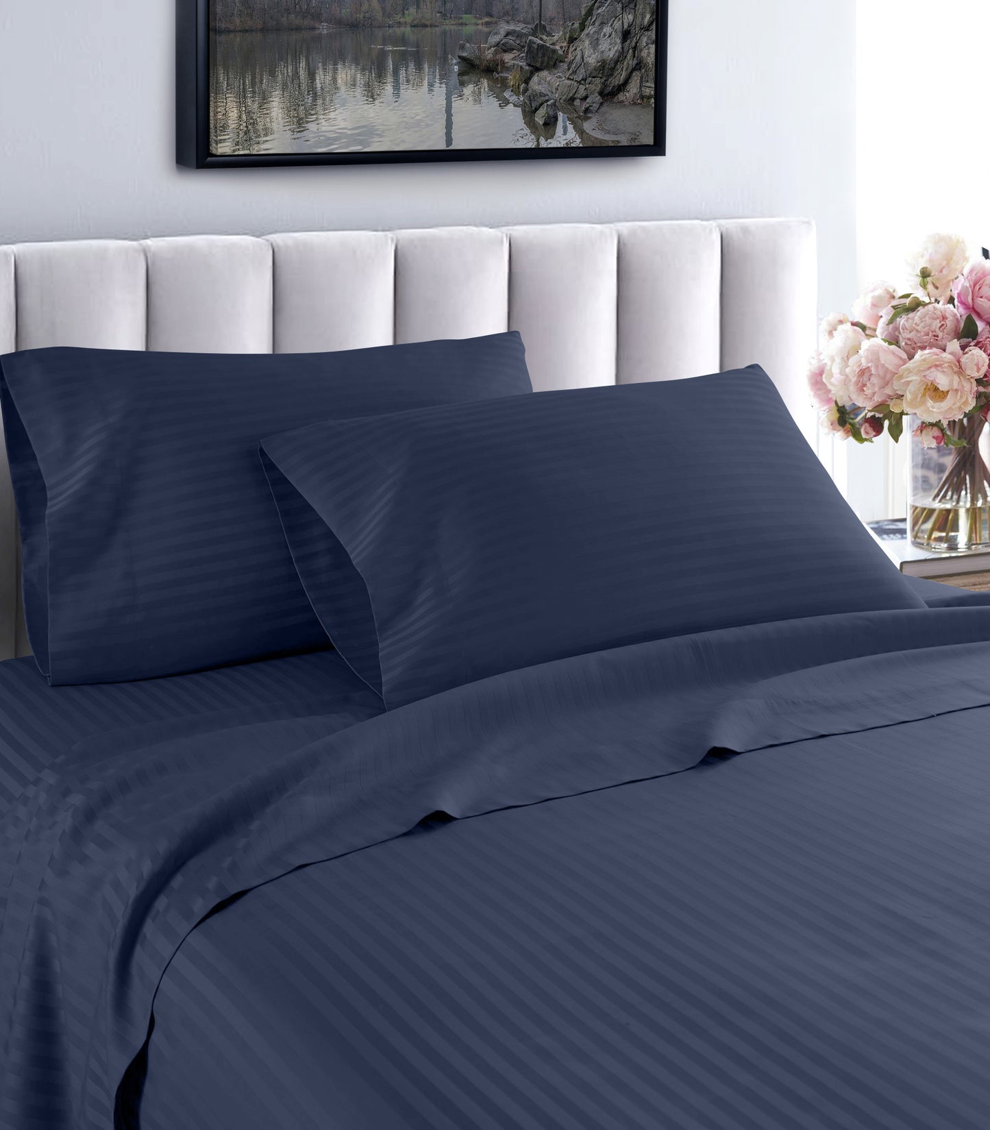 Sábanas de algodón egipcio a rayas de 600 hilos – Juego de cama suave y transpirable