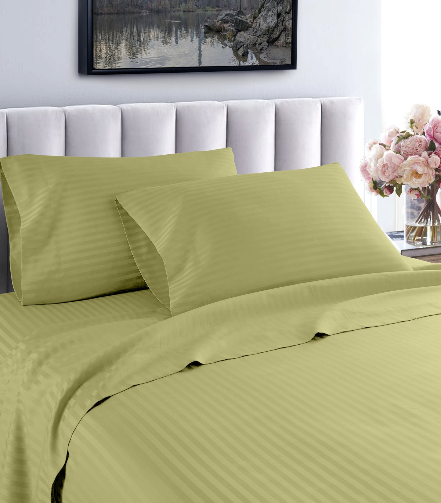 Sábanas de algodón egipcio a rayas de 600 hilos – Juego de cama suave y transpirable