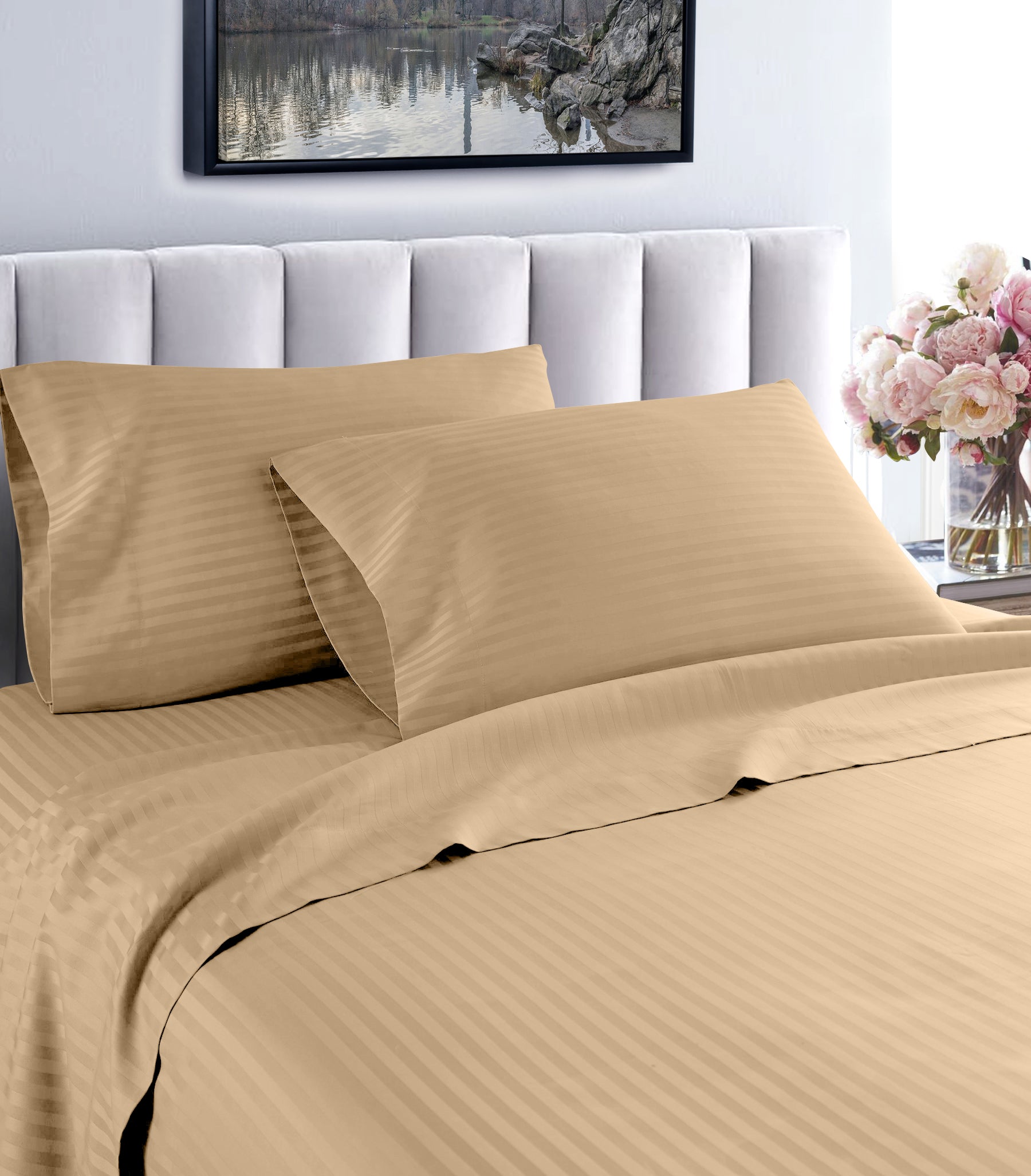 1000 thread count Egyptian cotton striped sheet set taupe