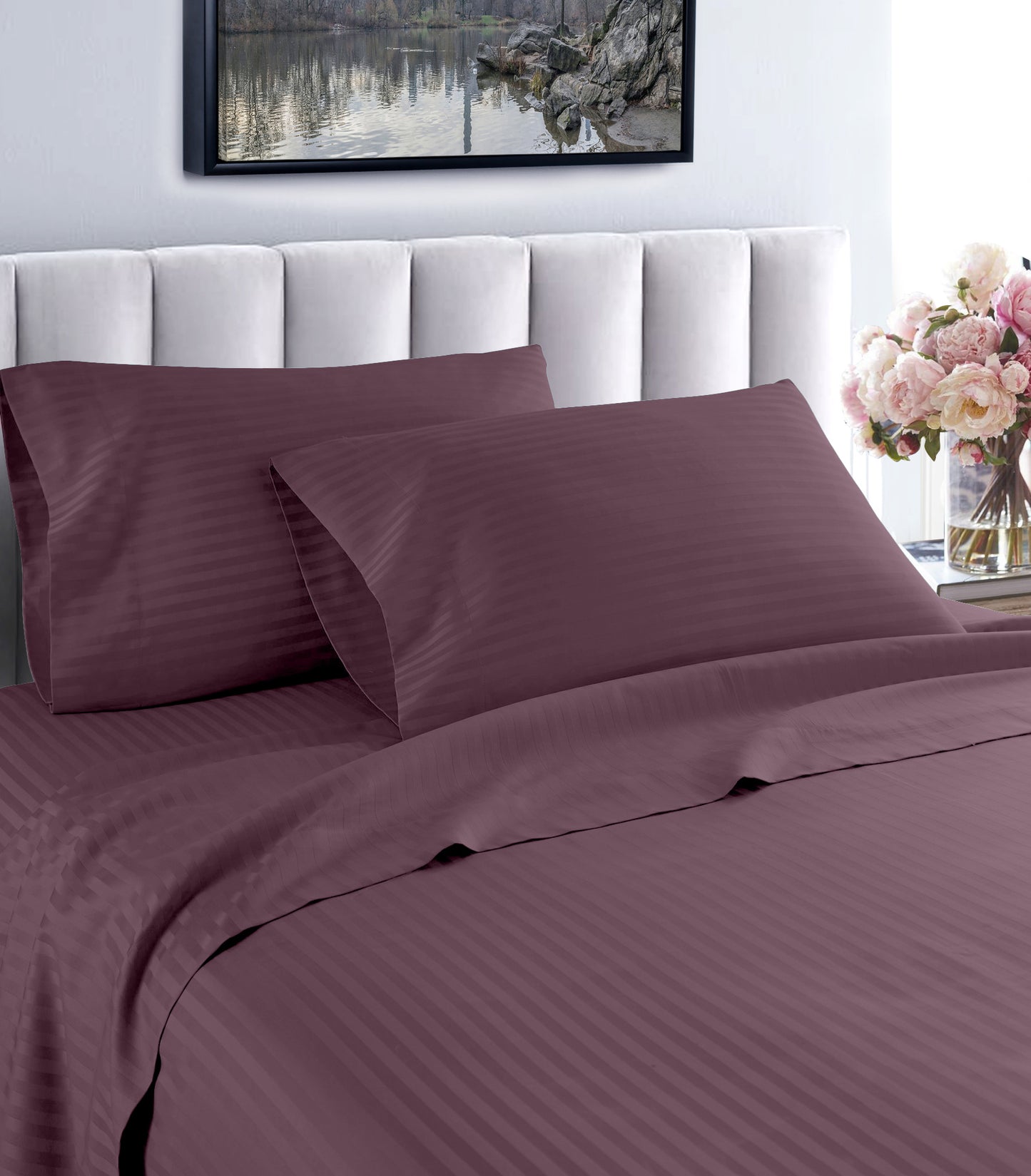 1000 thread count Egyptian cotton striped sheet set plum