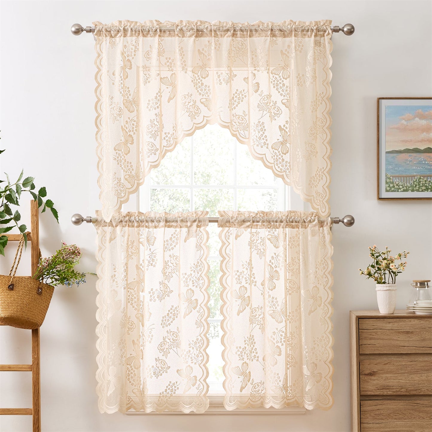 Butterfly Floral Lace Sheer 3 Piece Kitchen Curtains Set Tiers and Swag Set