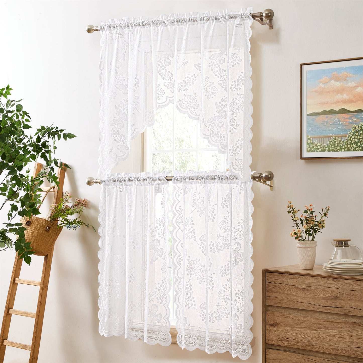 Butterfly Floral Lace Sheer 3 Piece Kitchen Curtains Set Tiers and Swag Set