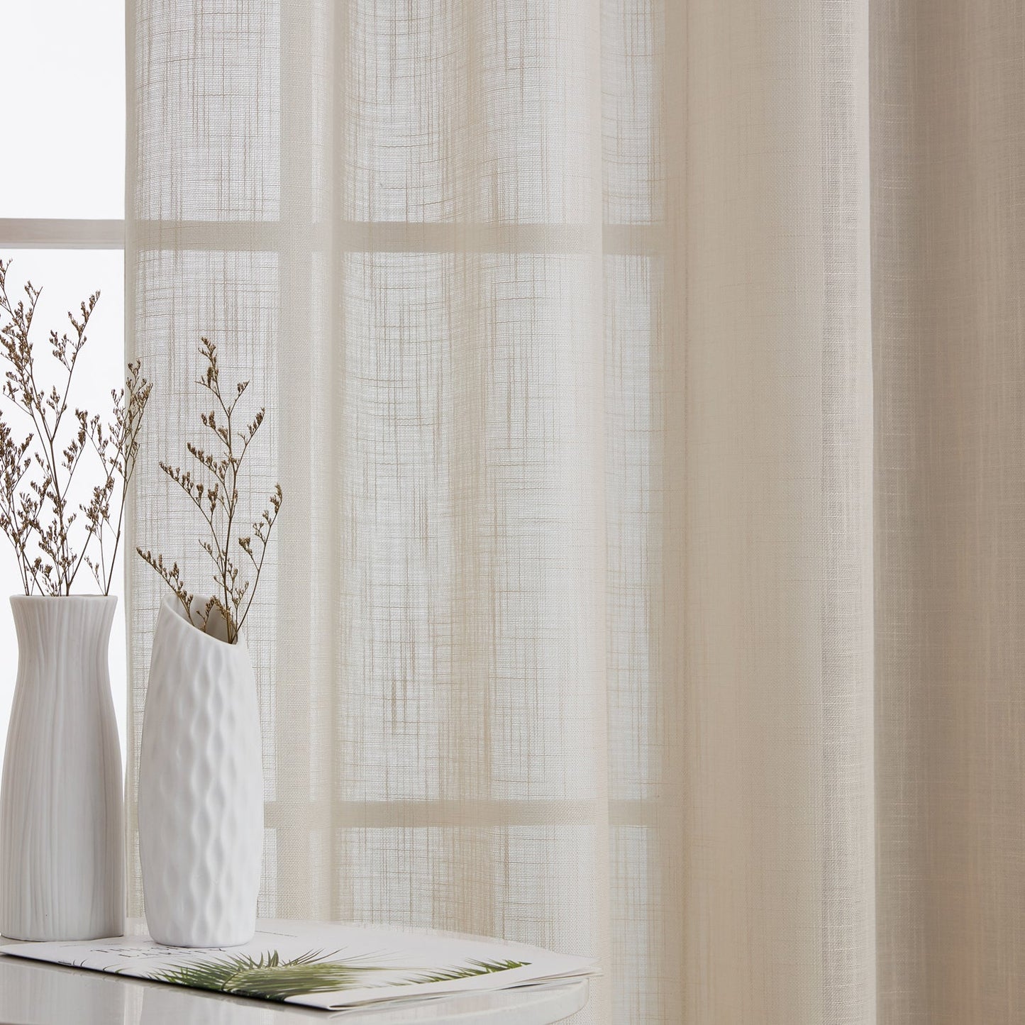 Privacy Faux Linen Textured Semi Sheer Curtain Panels