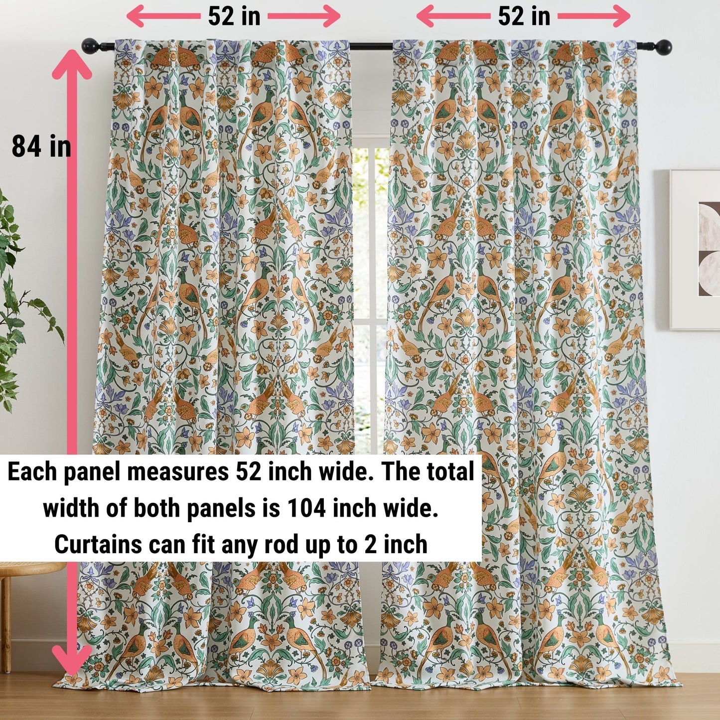 Florence Floral & Birds Room Darkening Curtains - Set of 2