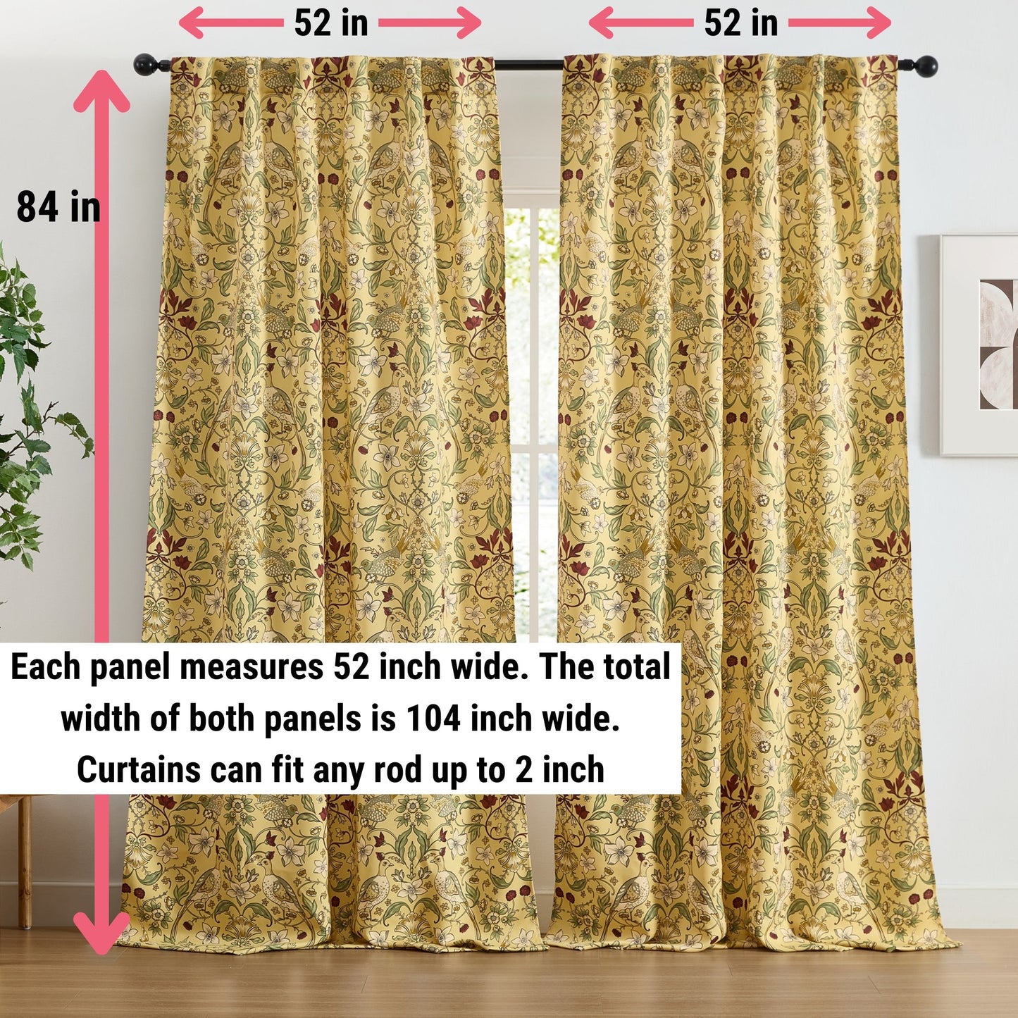 Florence Floral & Birds Room Darkening Curtains - Set of 2