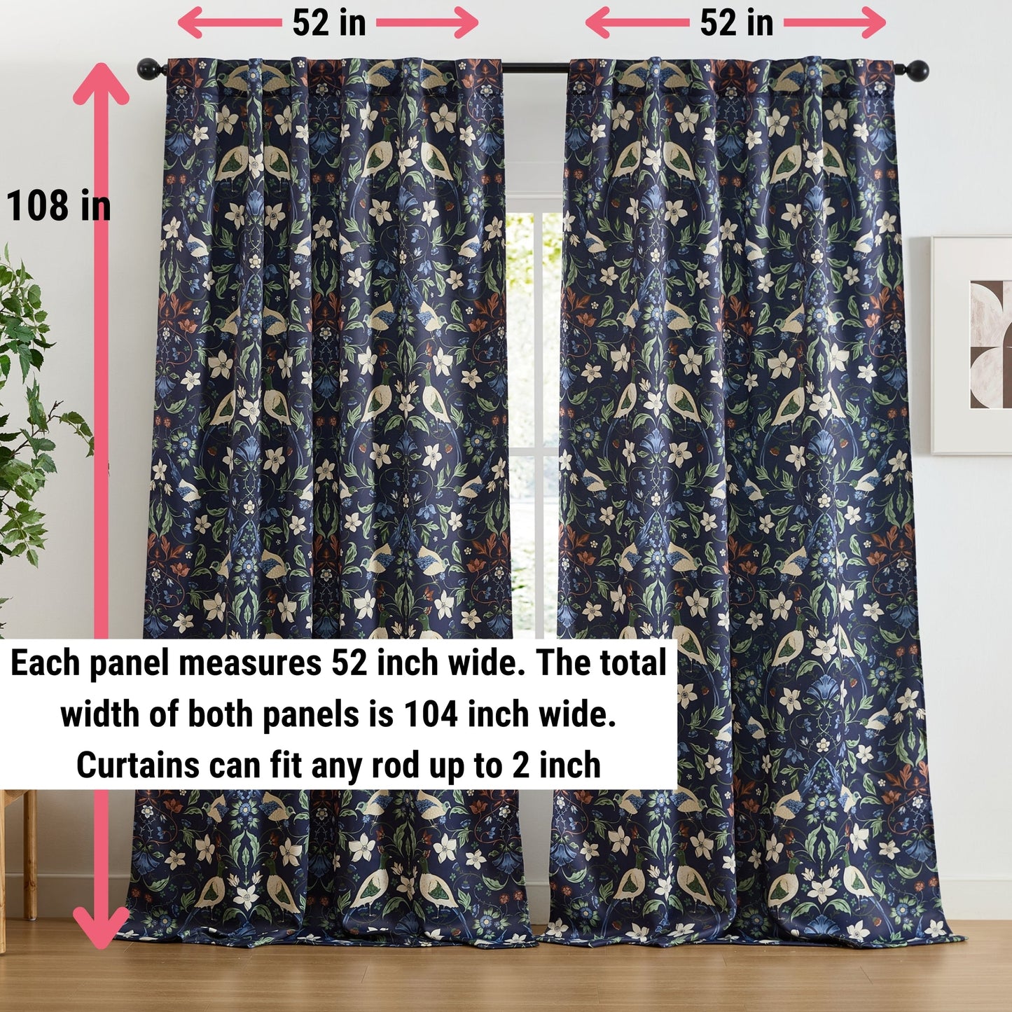 Florence Floral & Birds Room Darkening Curtains - Set of 2