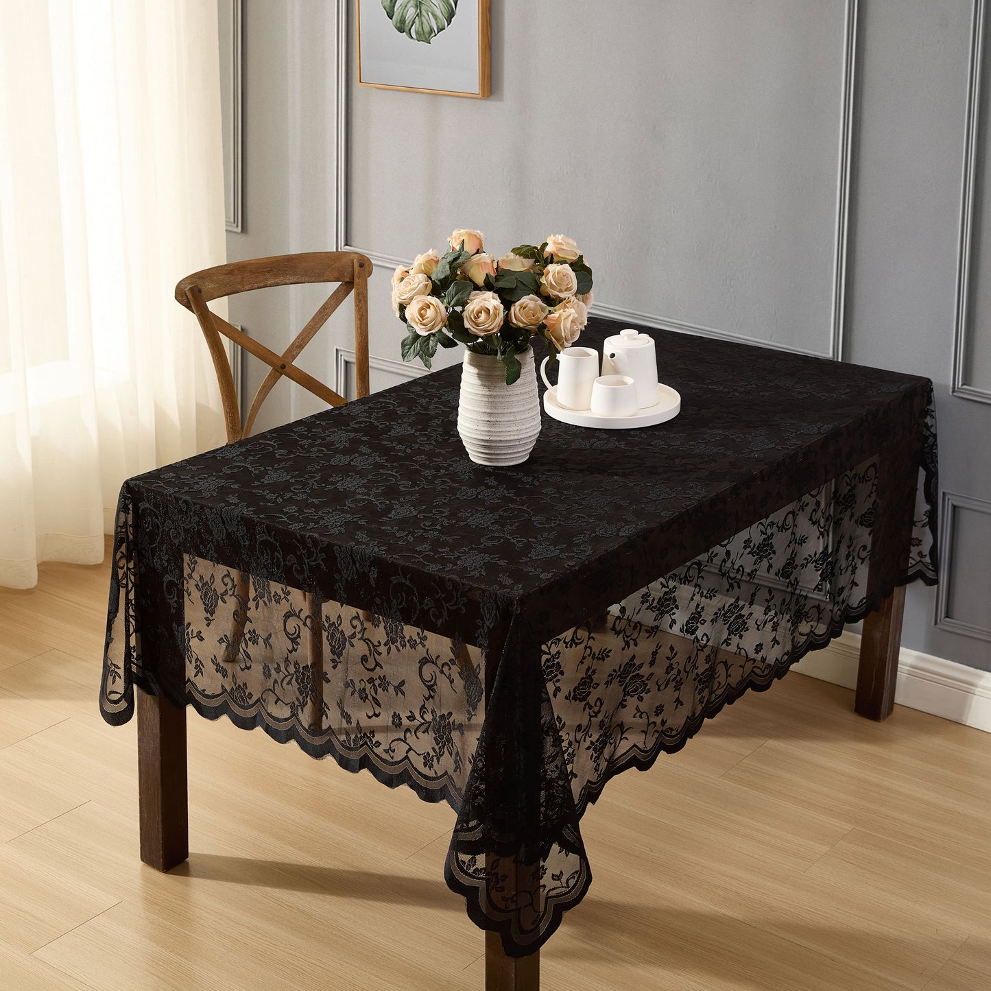 Harper Floral Lace Fabric Scalloped Tablecloth