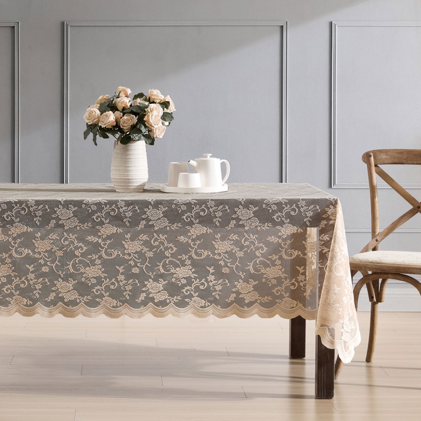 Harper Floral Lace Fabric Scalloped Tablecloth