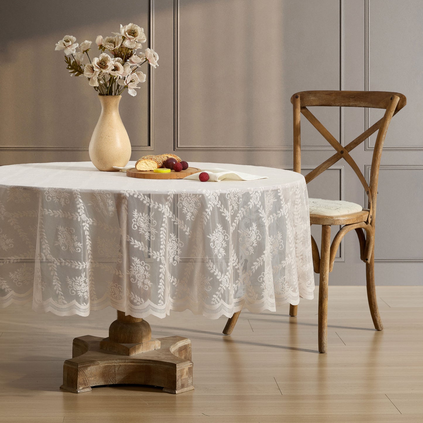 Isabella Floral Lace Fabric Round Tablecloth