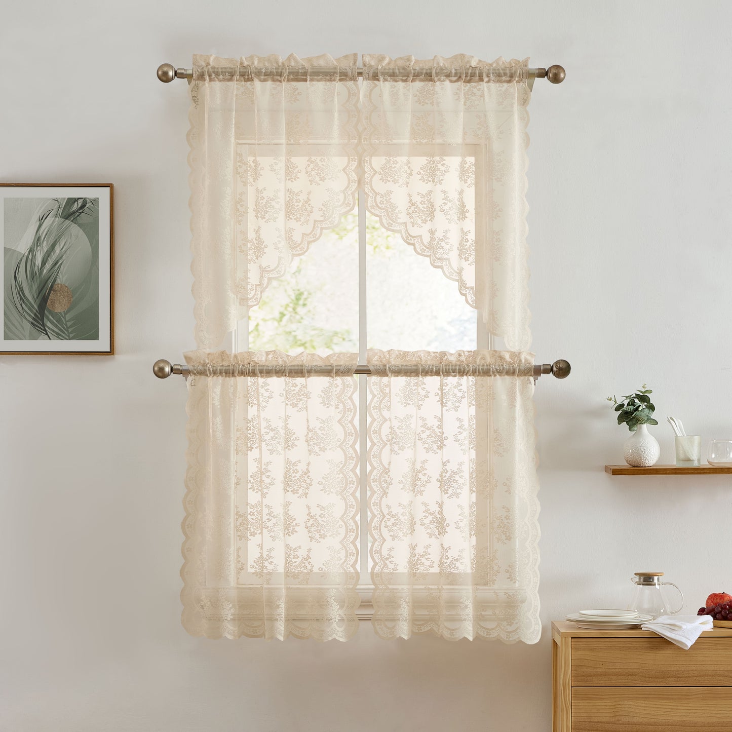 Jolene Floral Sheer Rod Pocket Lace Tiers