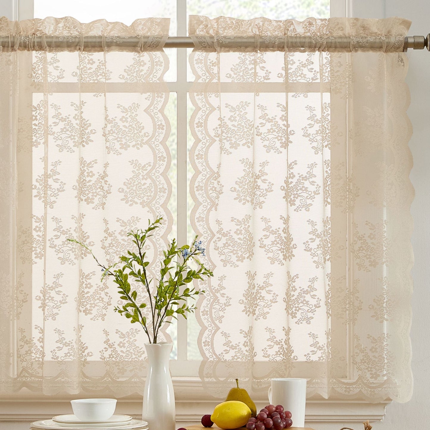 Jolene Floral Sheer Rod Pocket Lace Tiers