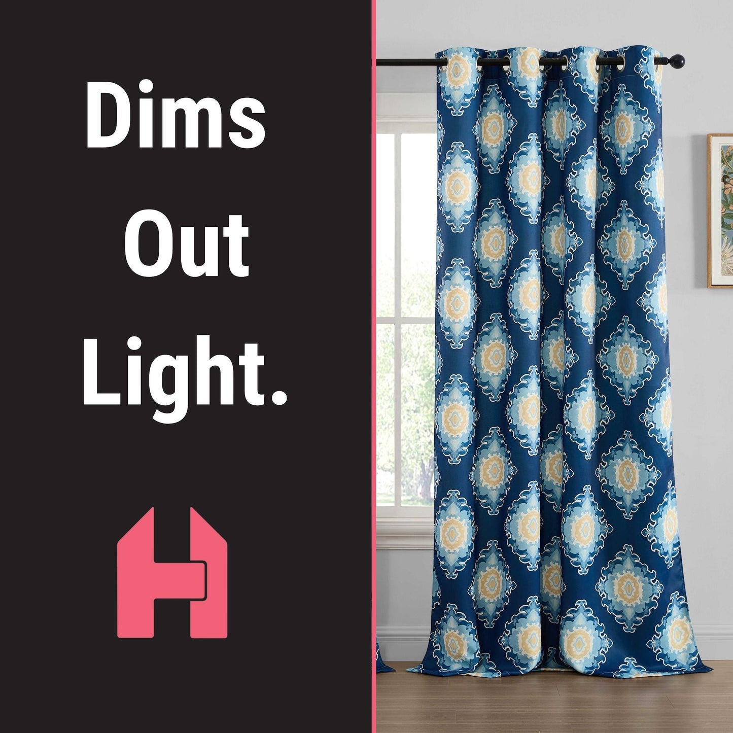 Liam Ogee Medallion Geometric Damask Grommet Room Darkening Window Curtains - Pair