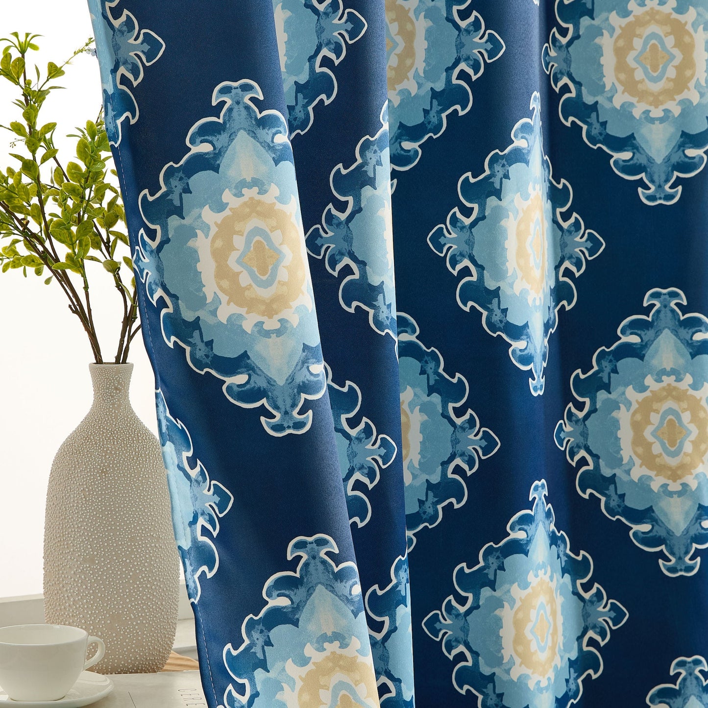 Liam Ogee Medallion Geometric Damask Grommet Room Darkening Window Curtains - Pair