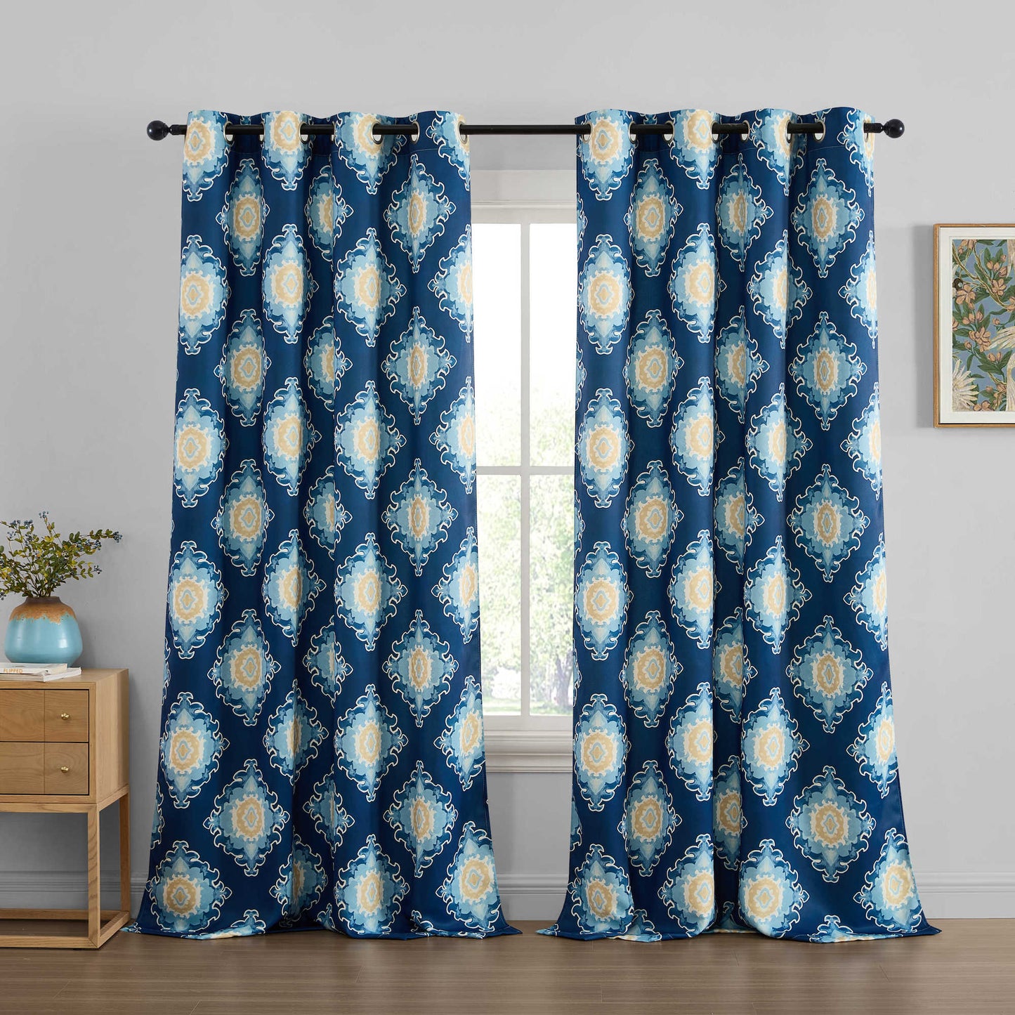 Liam Ogee Medallion Geometric Damask Grommet Room Darkening Window Curtains - Pair