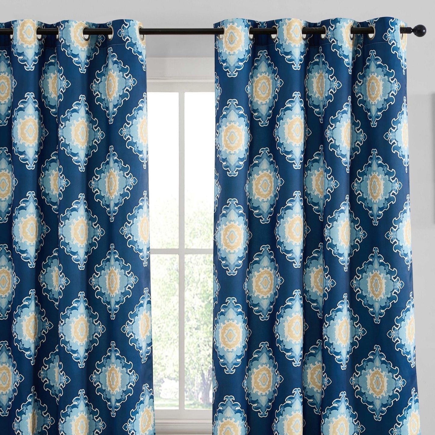 Liam Ogee Medallion Geometric Damask Grommet Room Darkening Window Curtains - Pair