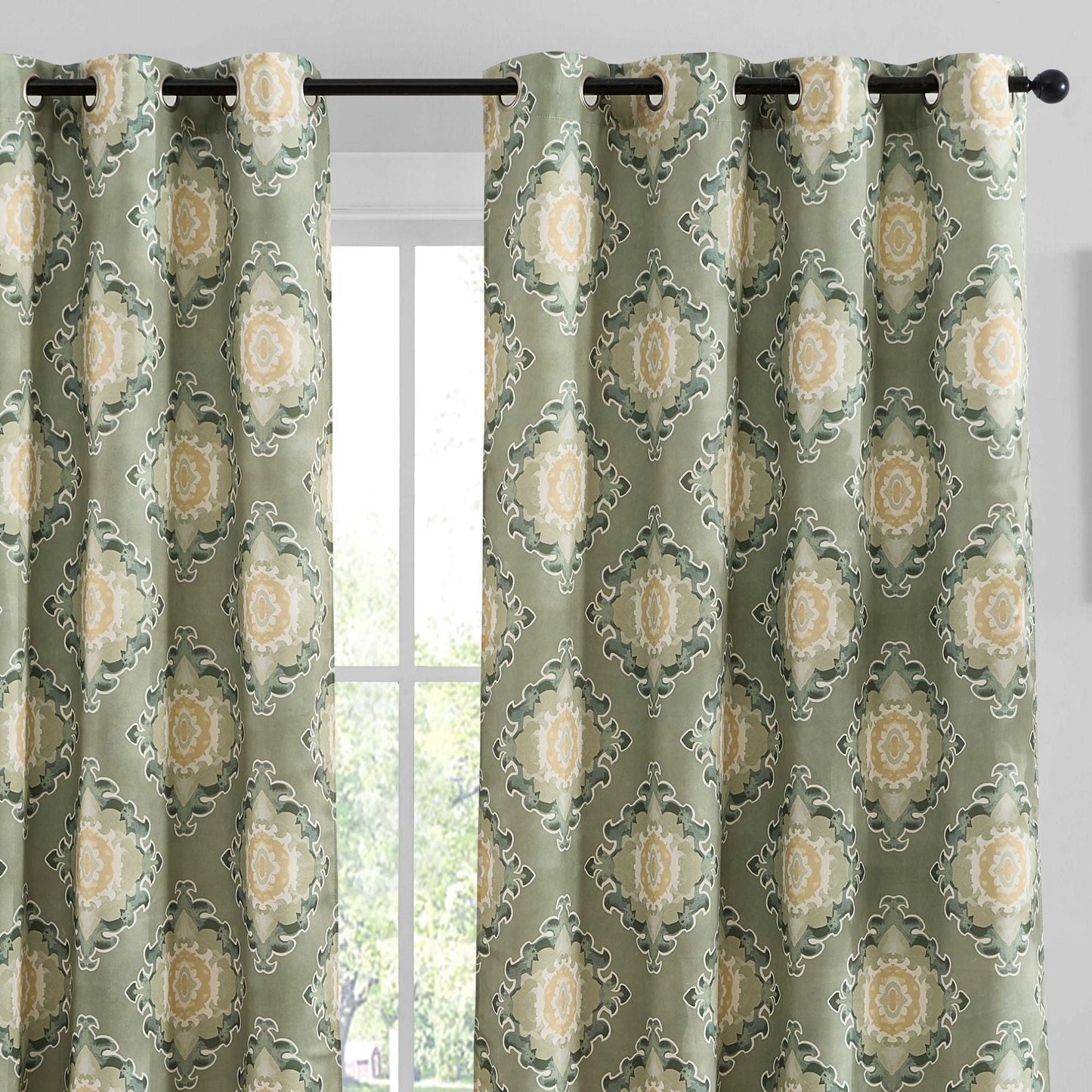 Liam Ogee Medallion Geometric Damask Grommet Room Darkening Window Curtains - Pair