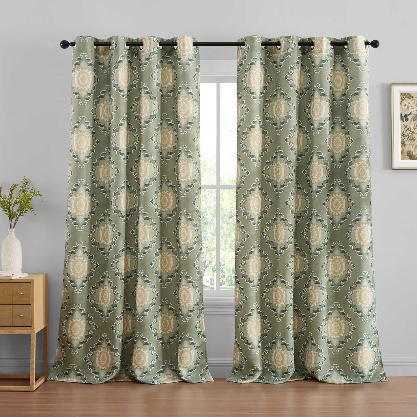 Liam Ogee Medallion Geometric Damask Grommet Room Darkening Window Curtains - Pair