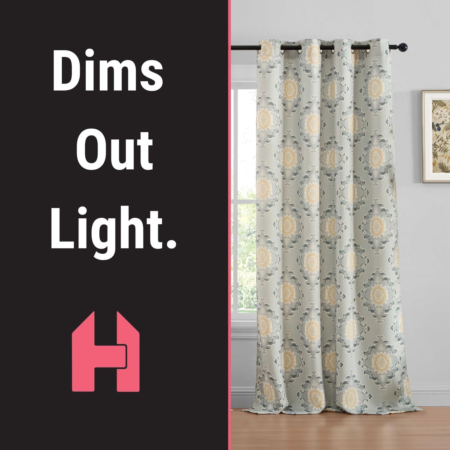 Liam Ogee Medallion Geometric Damask Grommet Room Darkening Window Curtains - Pair