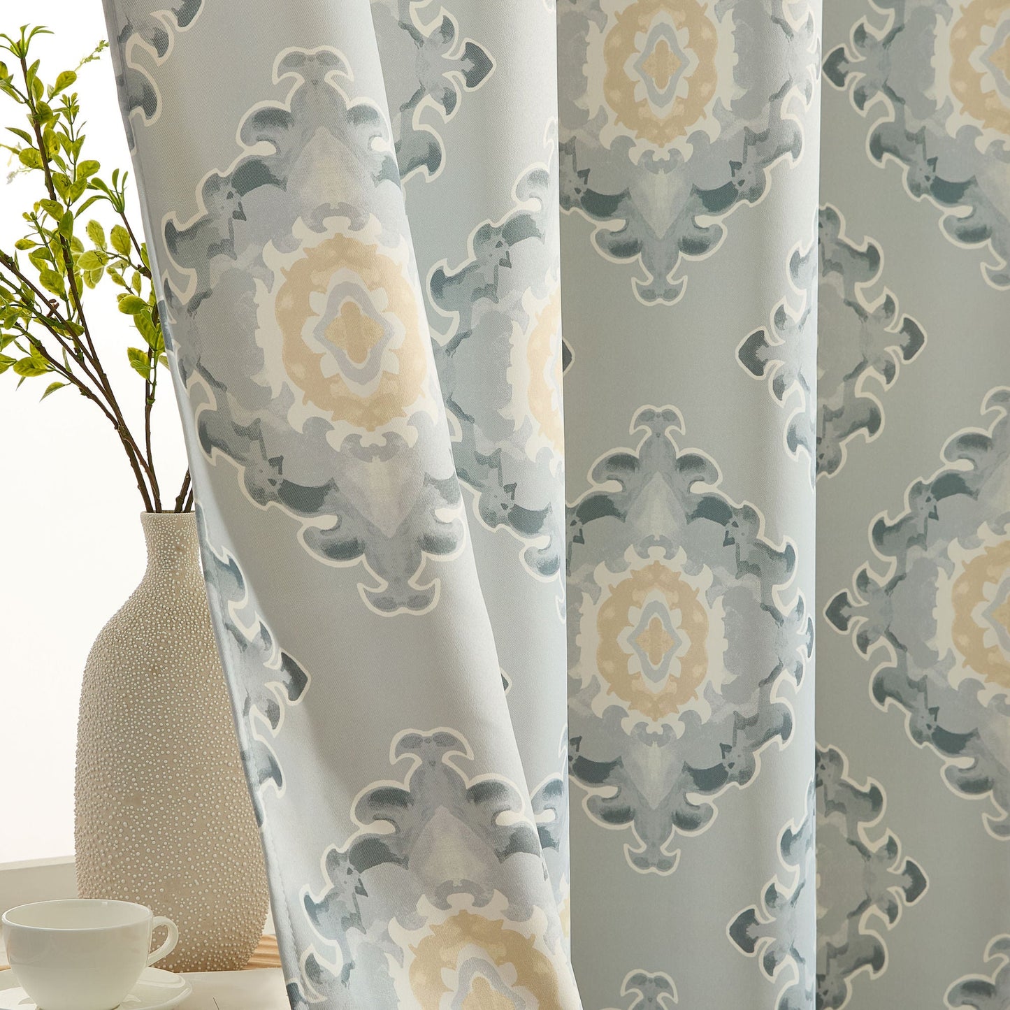 Liam Ogee Medallion Geometric Damask Grommet Room Darkening Window Curtains - Pair