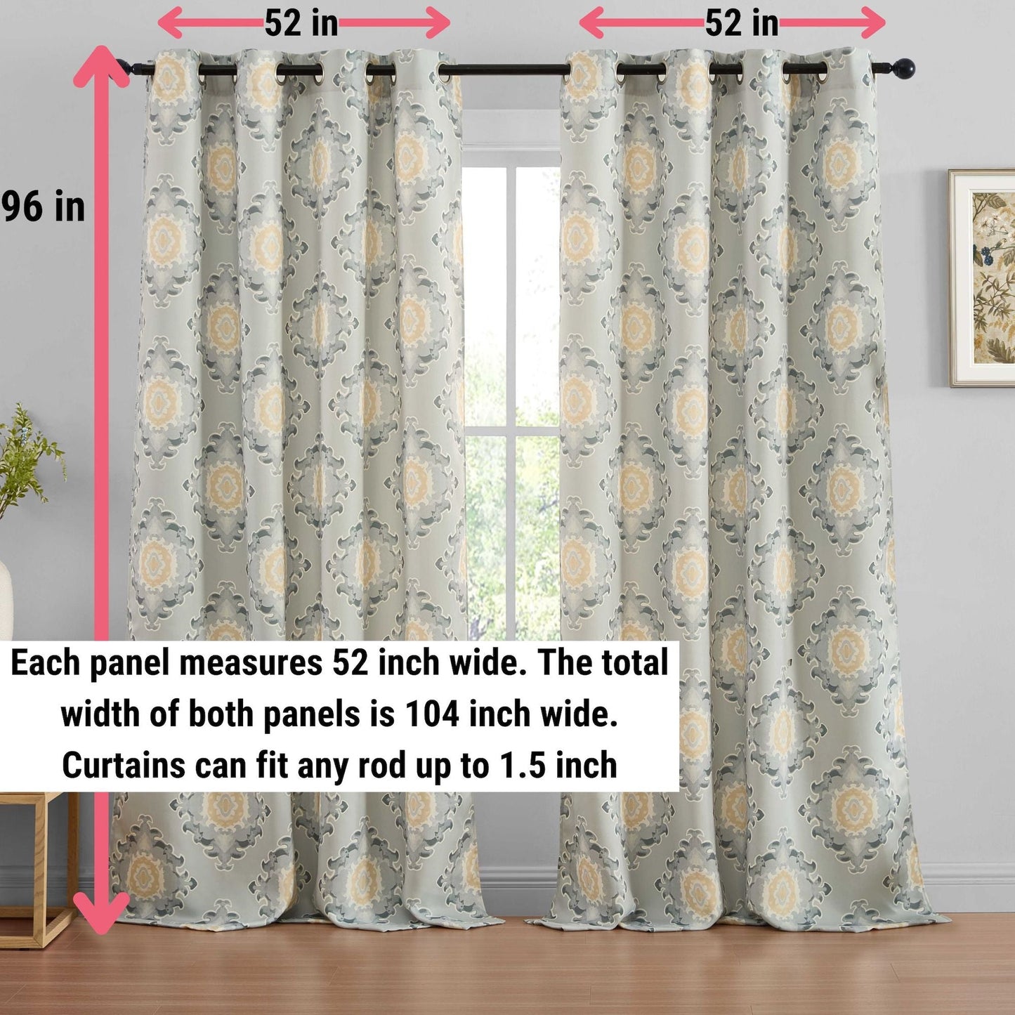Liam Ogee Medallion Geometric Damask Grommet Room Darkening Window Curtains - Pair