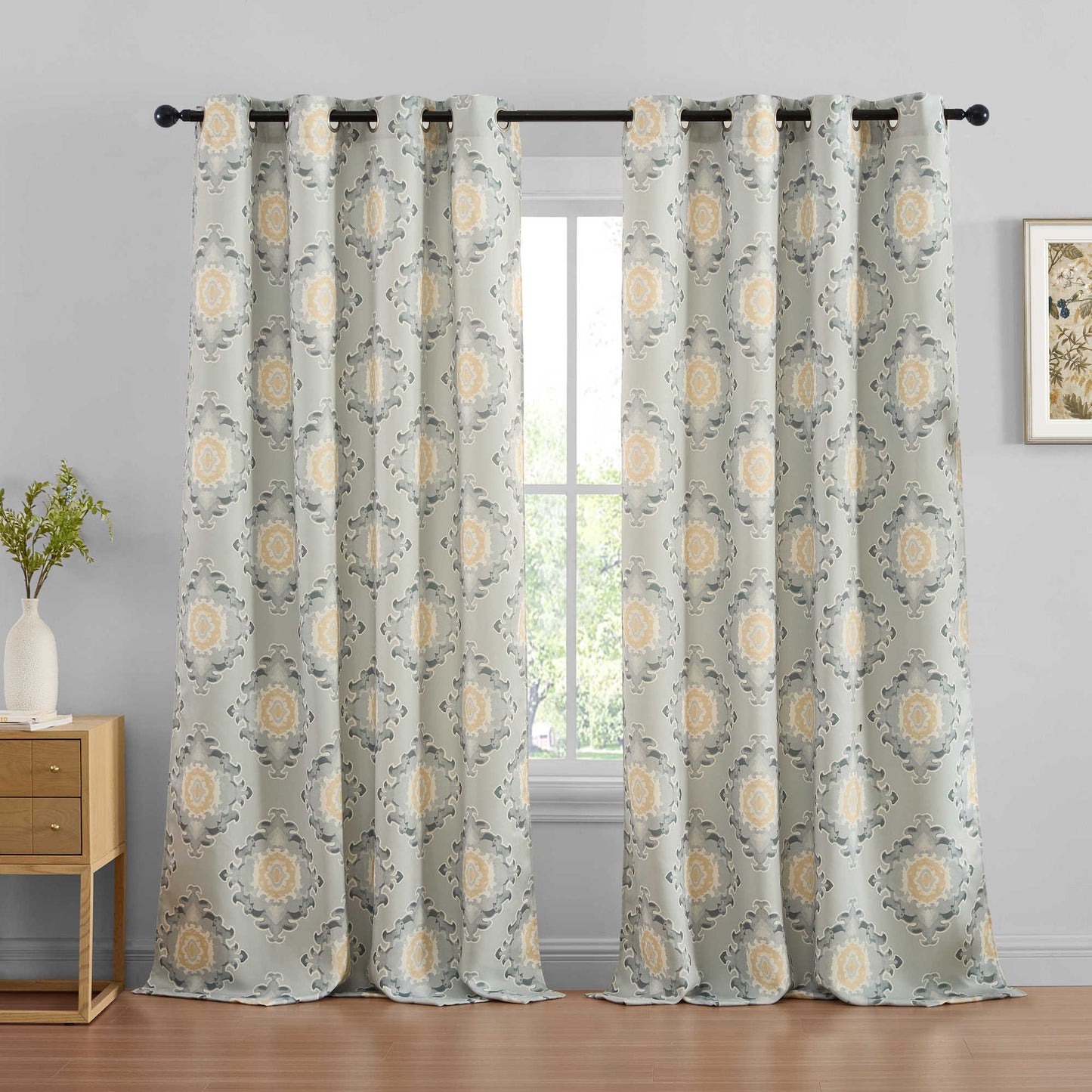 Liam Ogee Medallion Geometric Damask Grommet Room Darkening Window Curtains - Pair