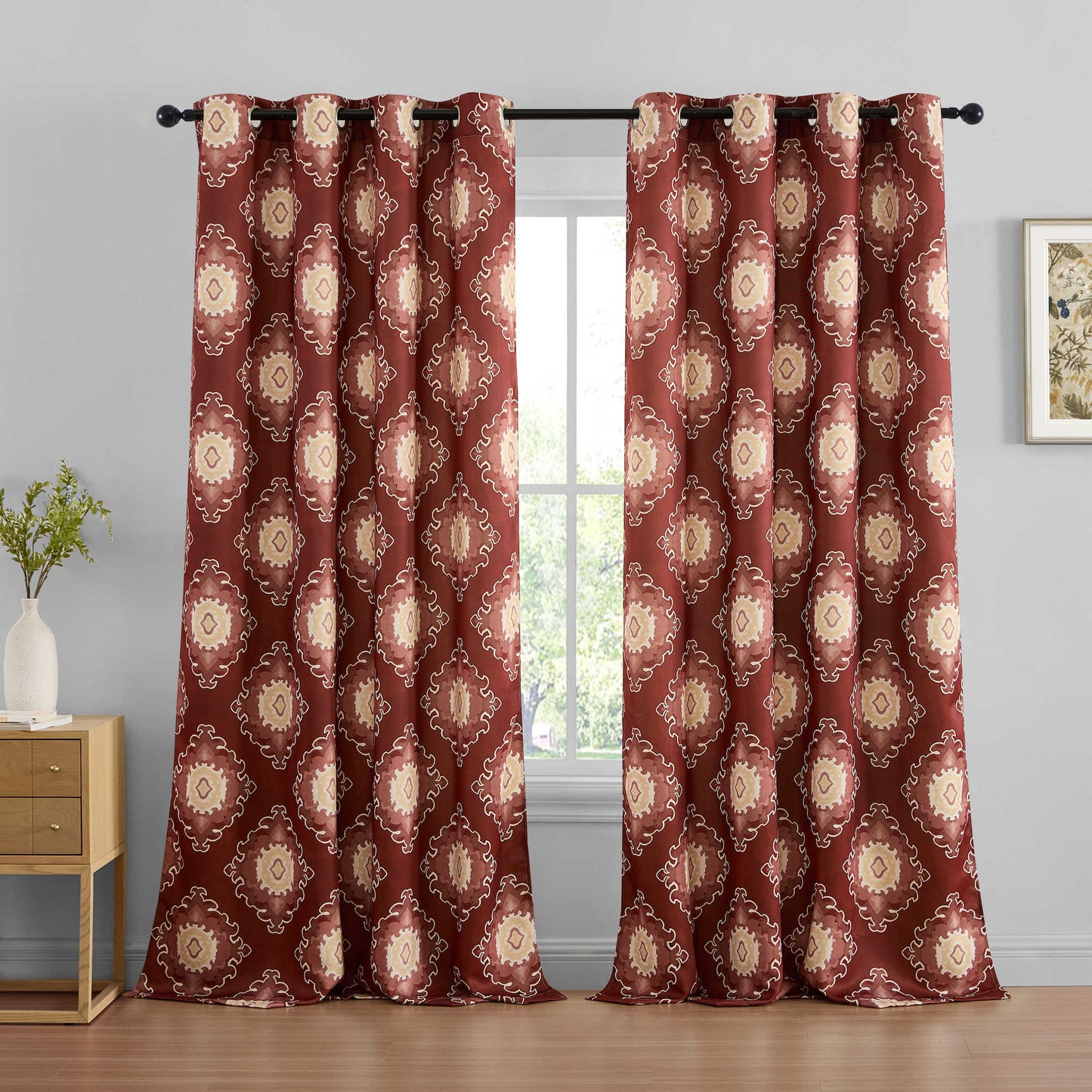 Liam Ogee Medallion Geometric Damask Grommet Room Darkening Window Curtains - Pair