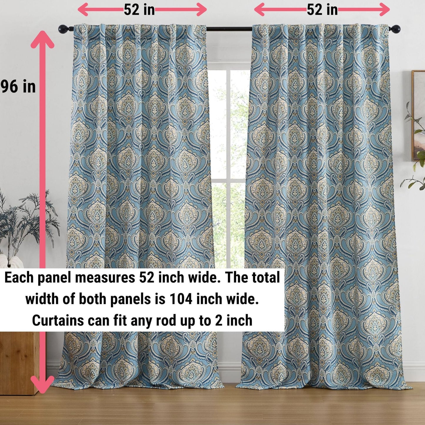 Messina Medallion Paisley Floral Damask Back Tab Rod Pocket Room Darkening Window Curtains - Pair