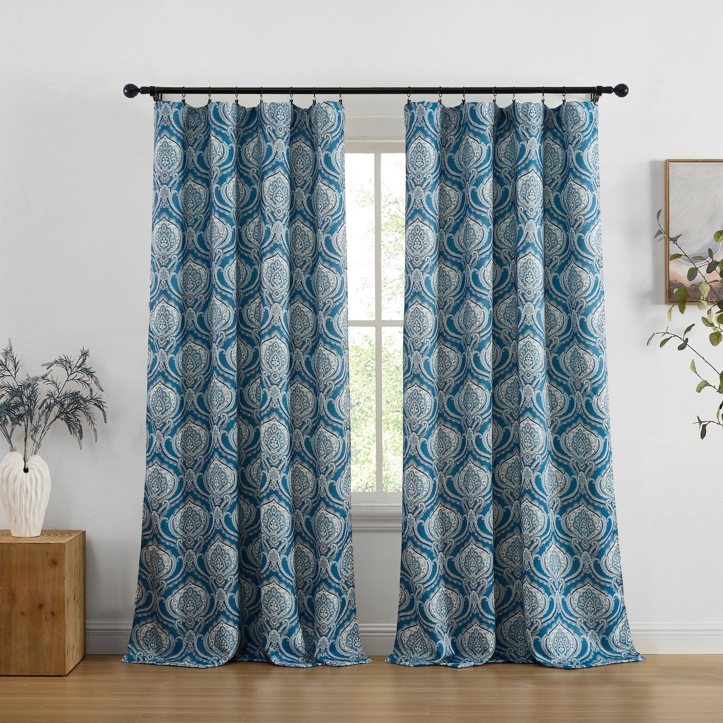 Messina Medallion Paisley Floral Damask Back Tab Rod Pocket Room Darkening Window Curtains - Pair