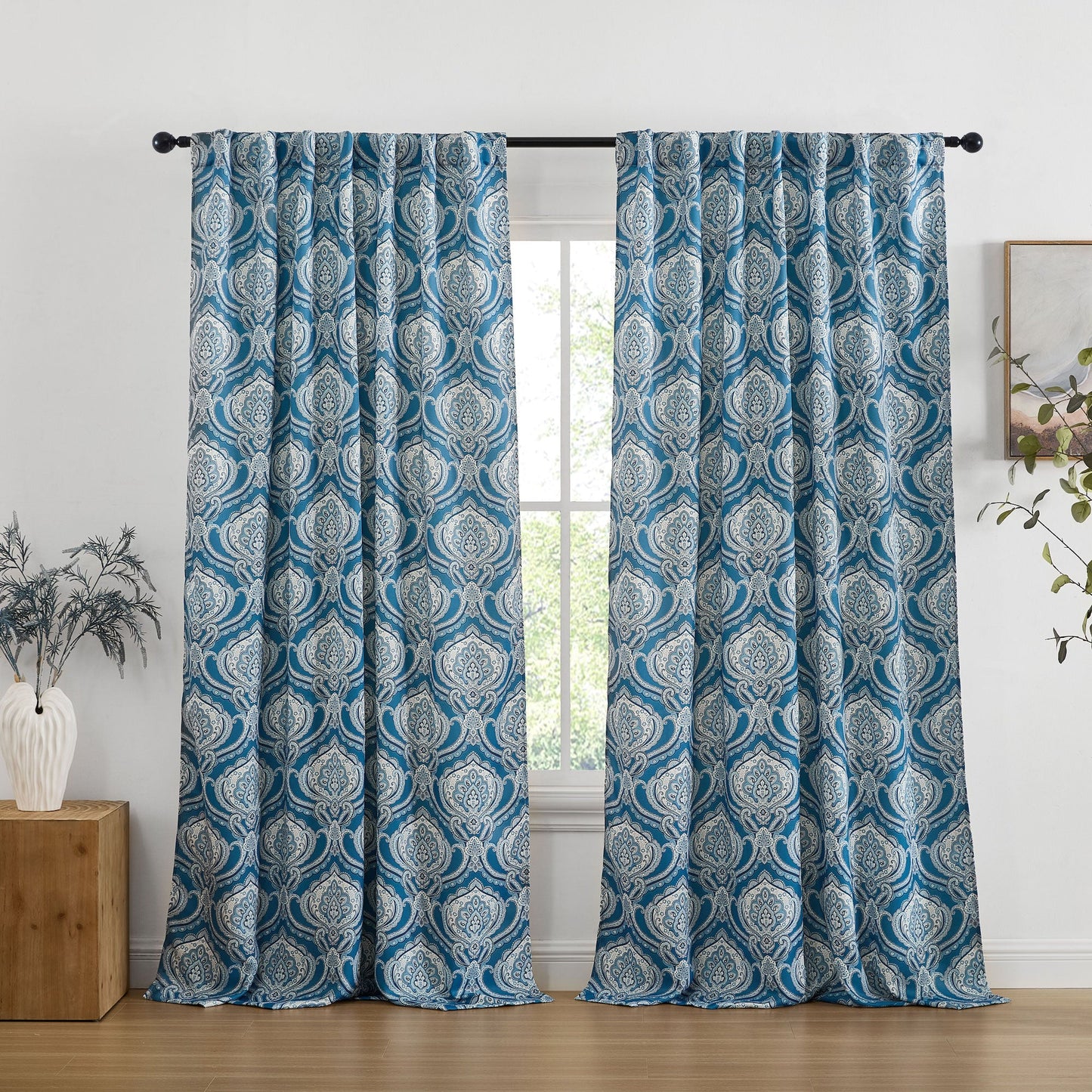 Messina Medallion Paisley Floral Damask Back Tab Rod Pocket Room Darkening Window Curtains - Pair