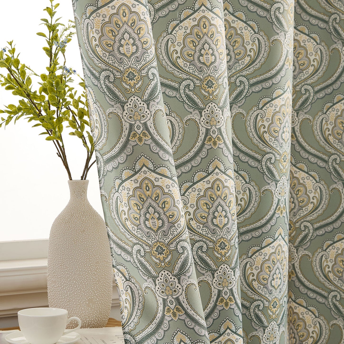 Messina Medallion Paisley Floral Damask Back Tab Rod Pocket Room Darkening Window Curtains - Pair