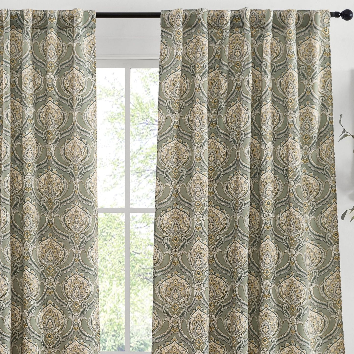 Messina Medallion Paisley Floral Damask Back Tab Rod Pocket Room Darkening Window Curtains - Pair