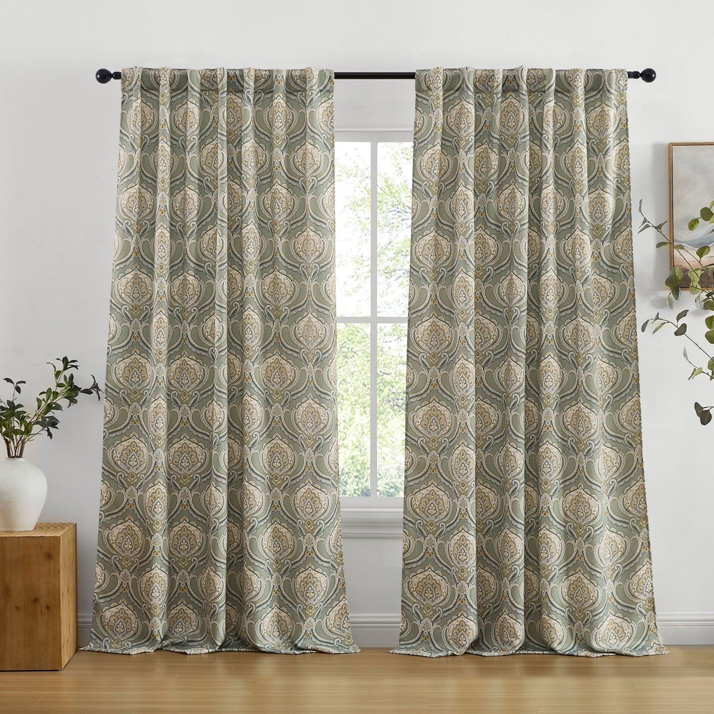 Messina Medallion Paisley Floral Damask Back Tab Rod Pocket Room Darkening Window Curtains - Pair
