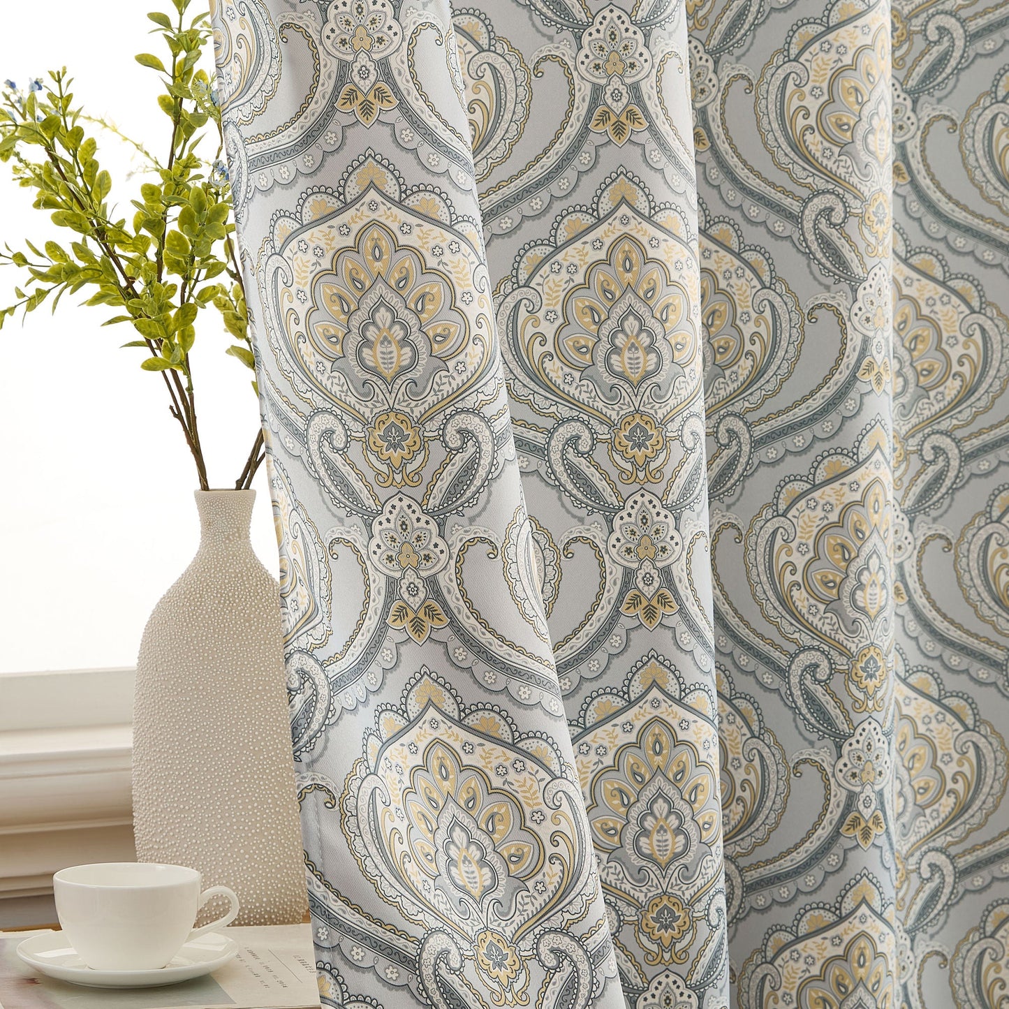 Messina Medallion Paisley Floral Damask Back Tab Rod Pocket Room Darkening Window Curtains - Pair