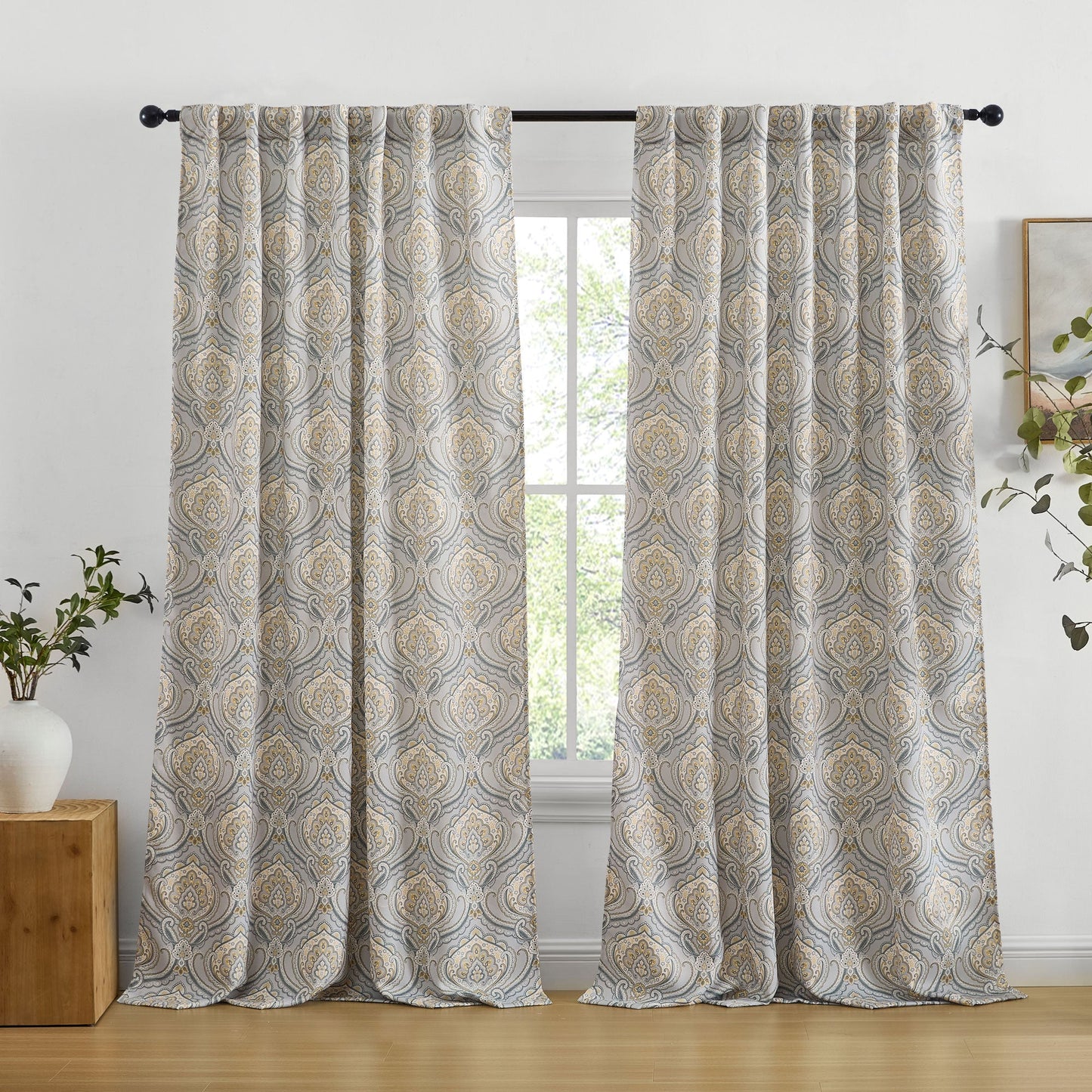 Messina Medallion Paisley Floral Damask Back Tab Rod Pocket Room Darkening Window Curtains - Pair