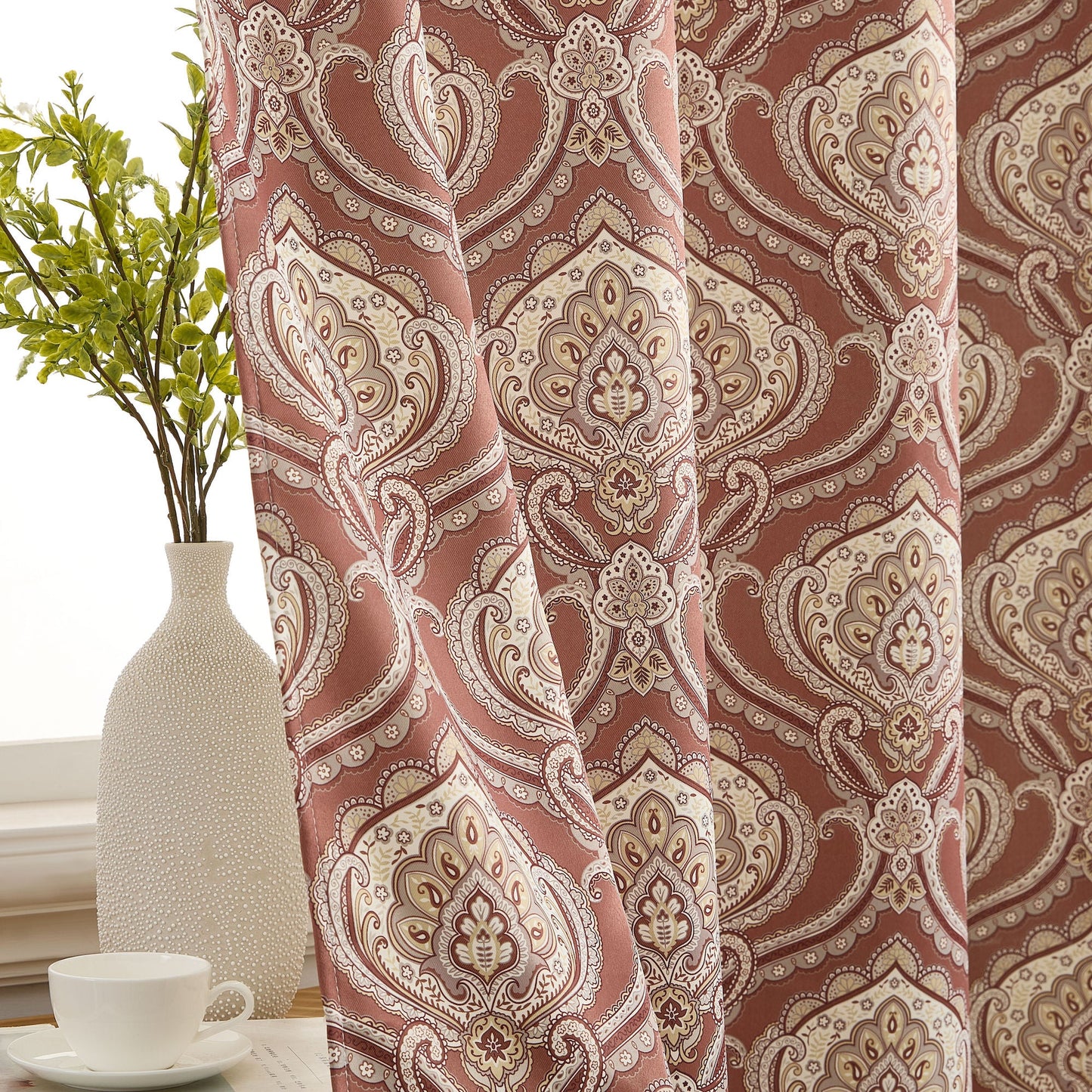 Messina Medallion Paisley Floral Damask Back Tab Rod Pocket Room Darkening Window Curtains - Pair