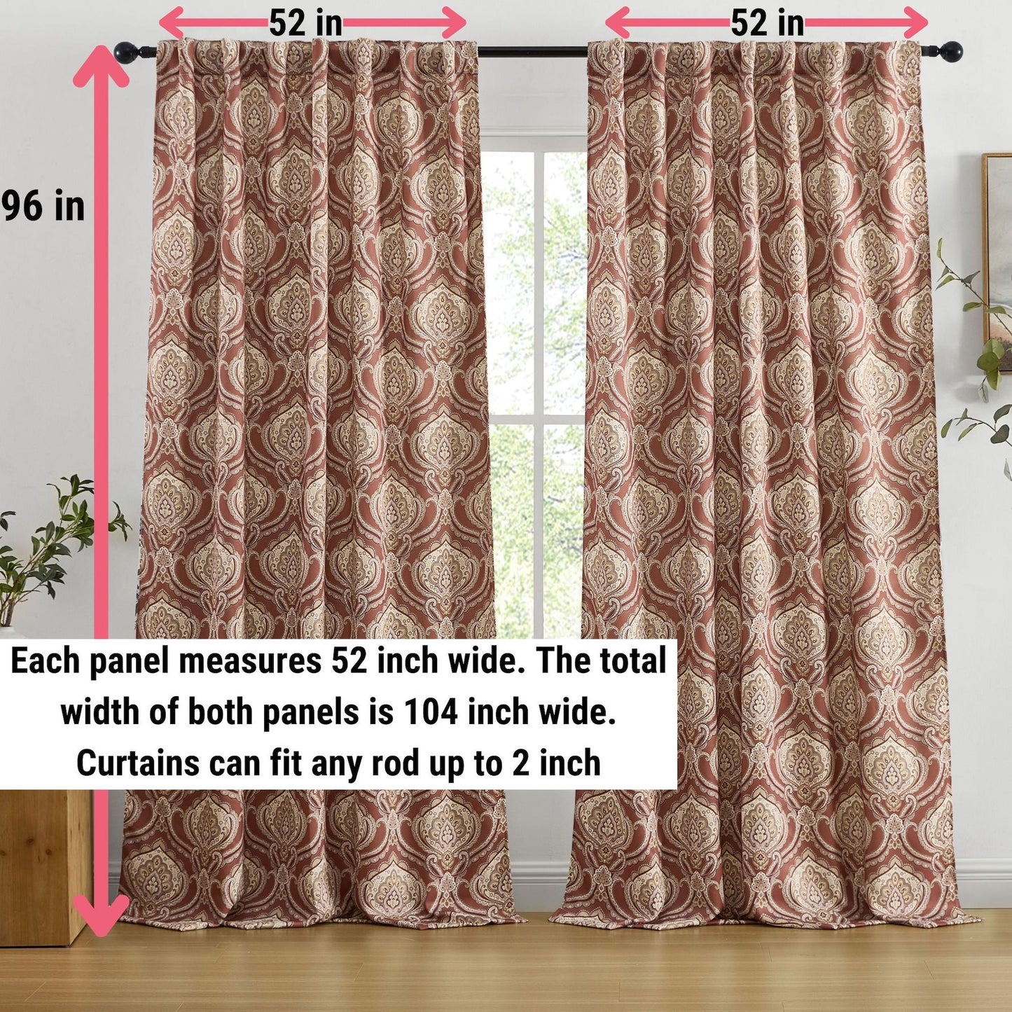 Messina Medallion Paisley Floral Damask Back Tab Rod Pocket Room Darkening Window Curtains - Pair
