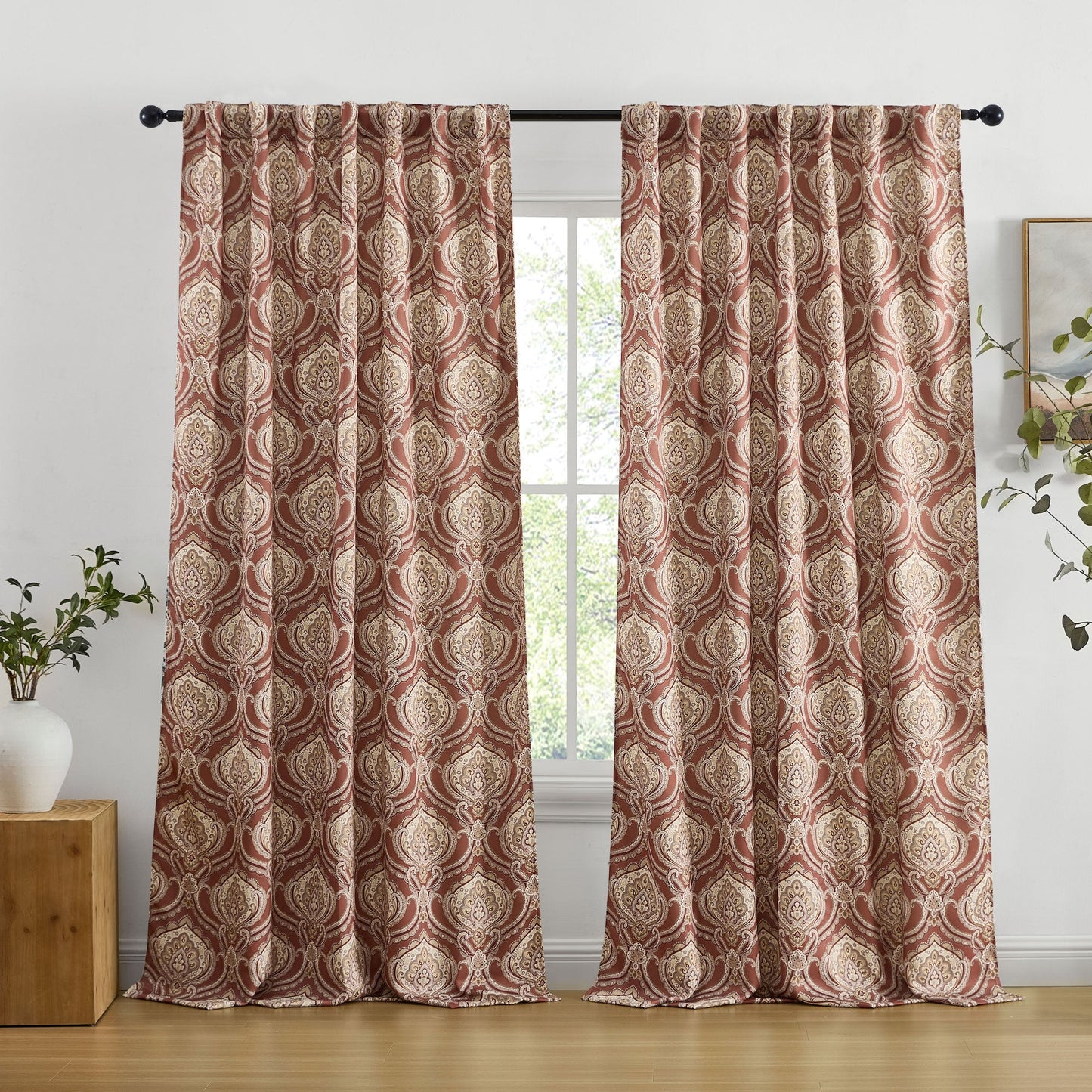 Messina Medallion Paisley Floral Damask Back Tab Rod Pocket Room Darkening Window Curtains - Pair
