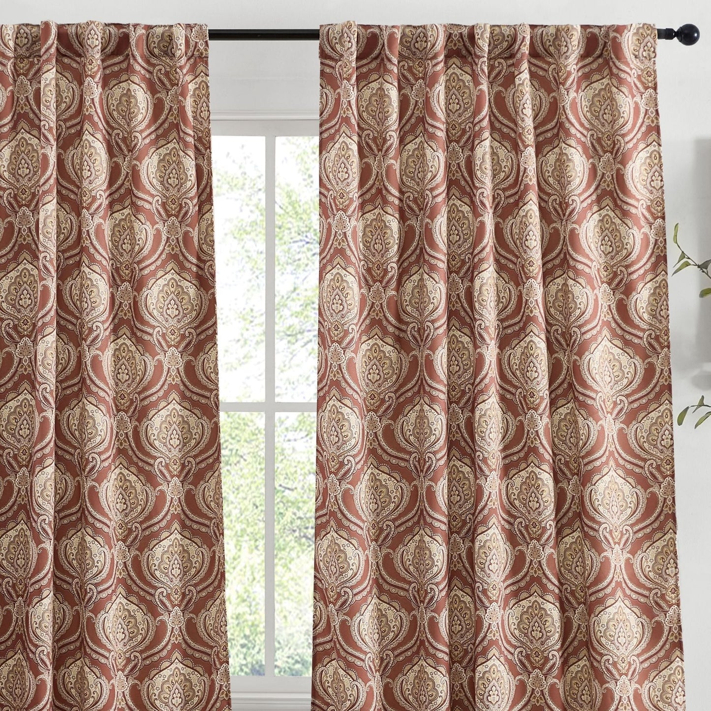 Messina Medallion Paisley Floral Damask Back Tab Rod Pocket Room Darkening Window Curtains - Pair