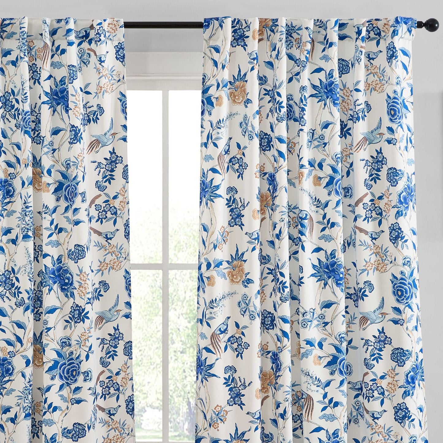 Scarlet Floral & Birds Back Tab Rod Pocket Room Darkening Window Curtains - Pair