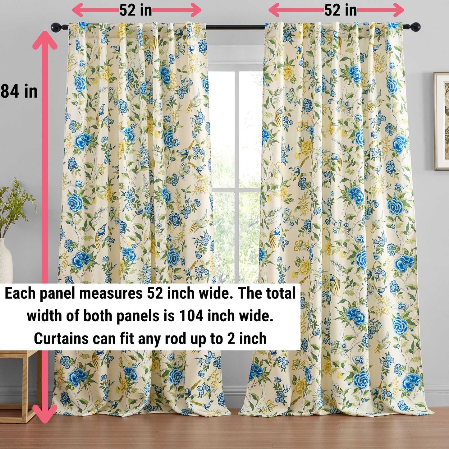 Scarlet Floral & Birds Back Tab Rod Pocket Room Darkening Window Curtains - Pair