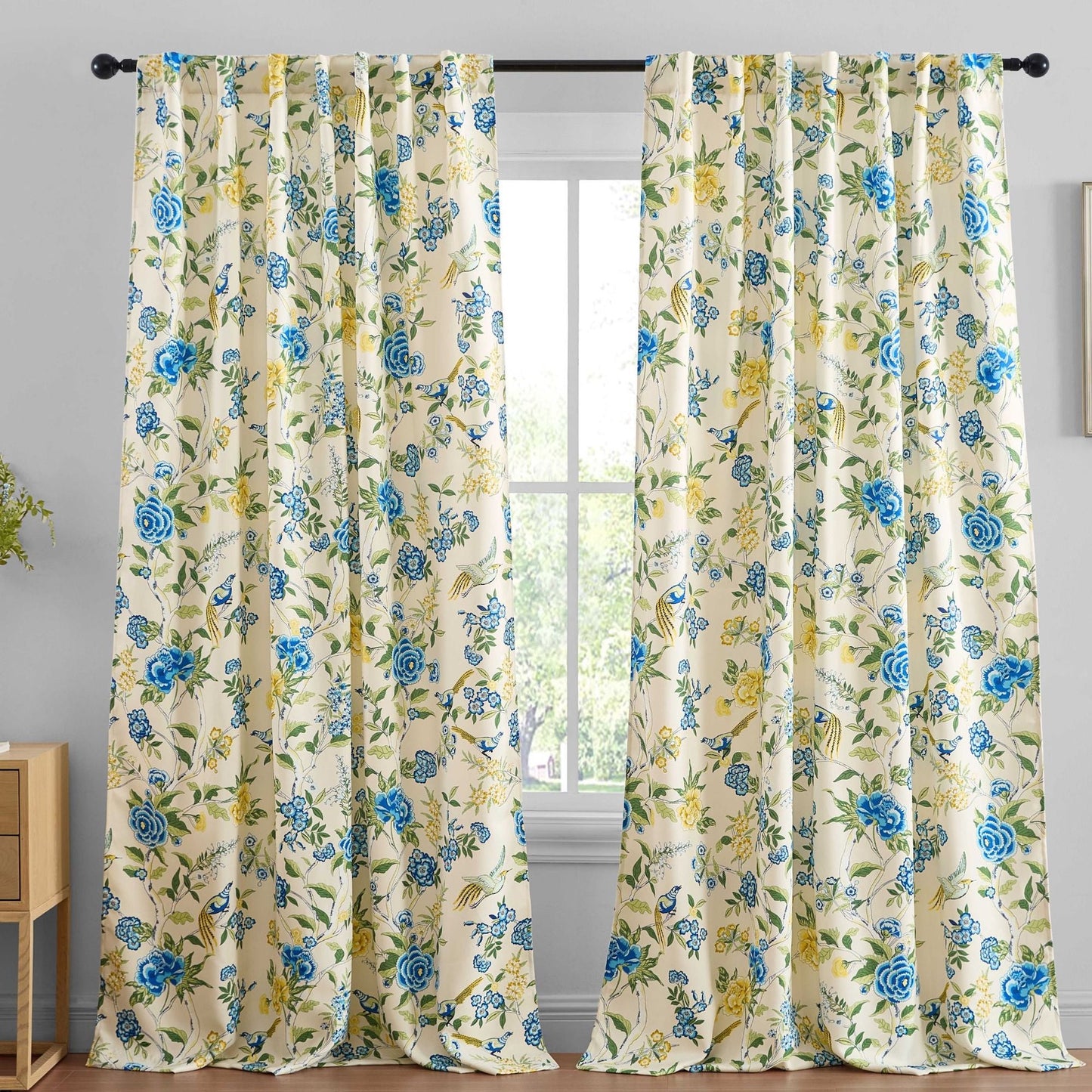 Scarlet Floral & Birds Back Tab Rod Pocket Room Darkening Window Curtains - Pair