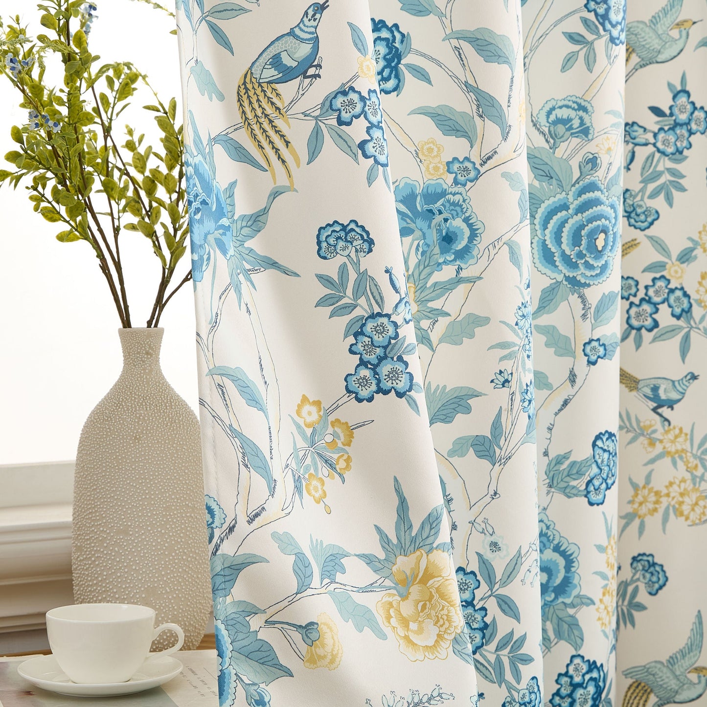 Scarlet Floral & Birds Back Tab Rod Pocket Room Darkening Window Curtains - Pair