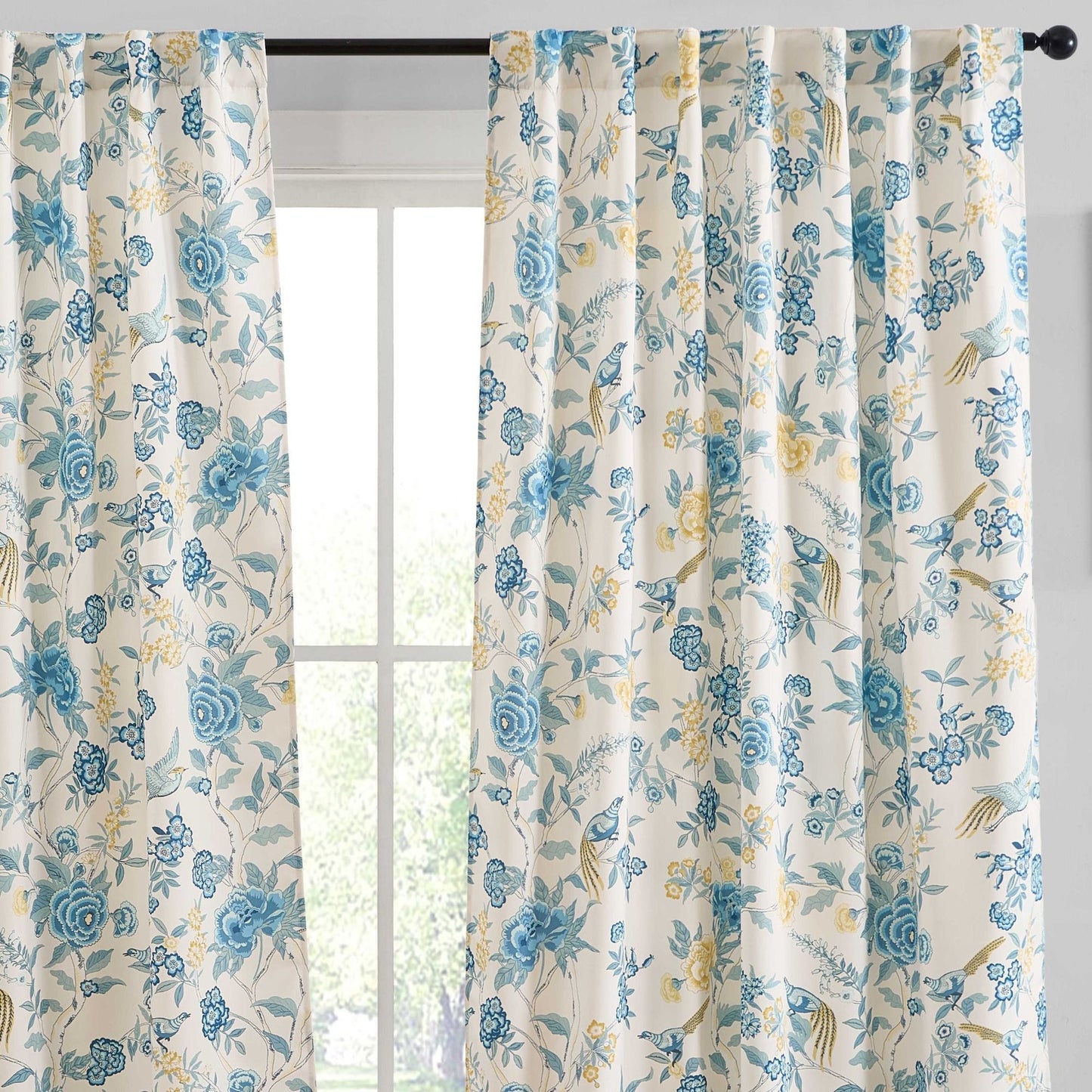Scarlet Floral & Birds Back Tab Rod Pocket Room Darkening Window Curtains - Pair